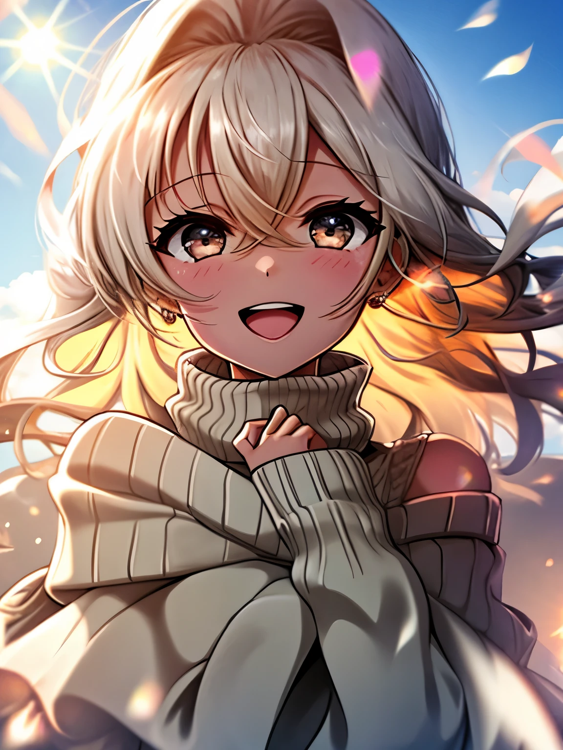 girl, off shoulder sweater, Upper body, (great laugh:1.1), (open your mouth:1.1), (wide open eyes:1.2), glare of the sun, Bokeh, Depth of the bounds written, blurred background, particles of light, strong wind, (heart particles:1.1)