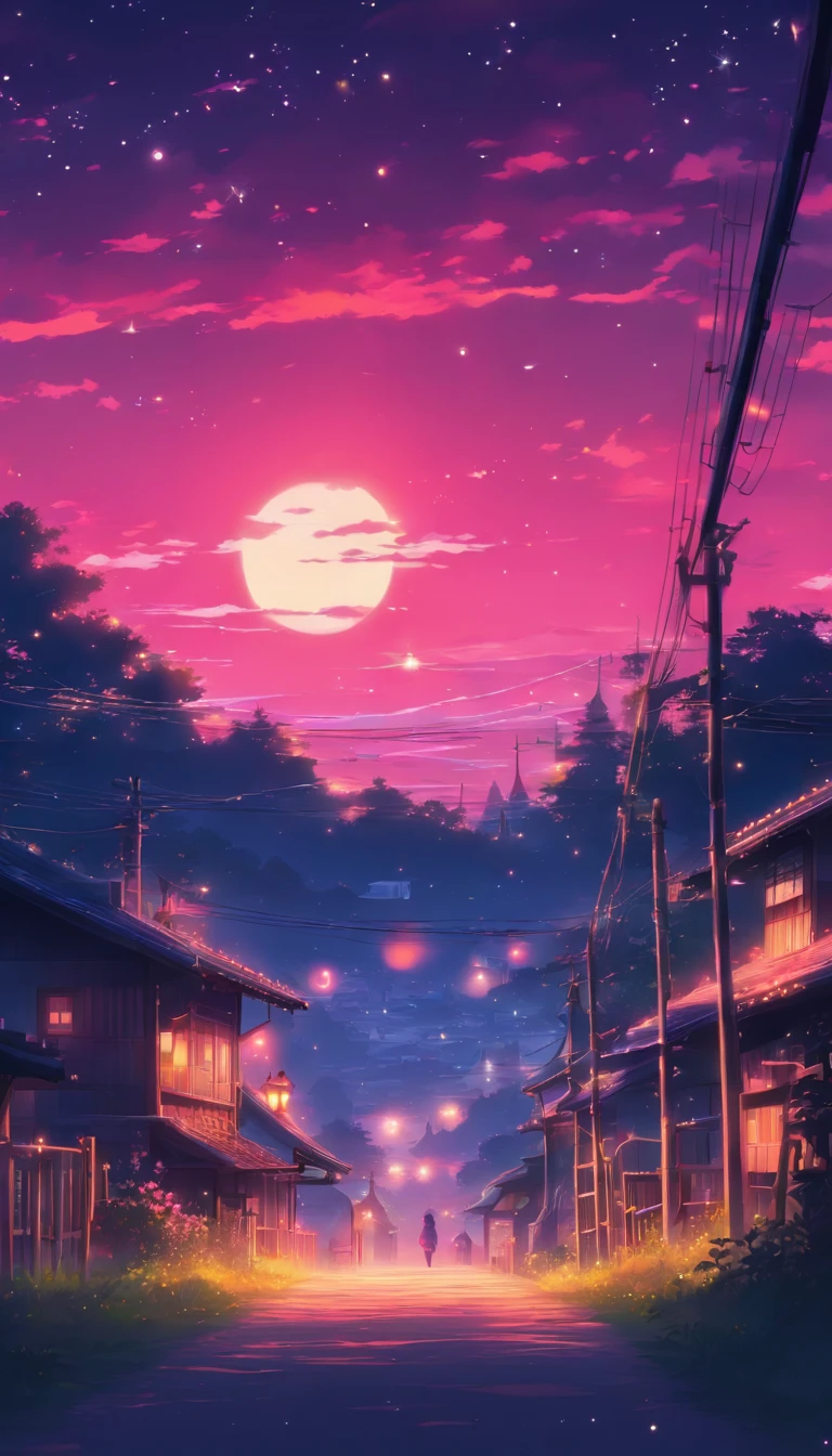 Sunset night in a rural town, focus up in the sky, pink color palette, flat color, flat art illustration, without realistic texture, no realistic texture, no detailed textures, stars in the sky, moon in the sky, illustration for Smartphone background screens, lock screen wallpaper, minimalist lock screen, simple illustration, minimal, minimalist design, flat illustration, 