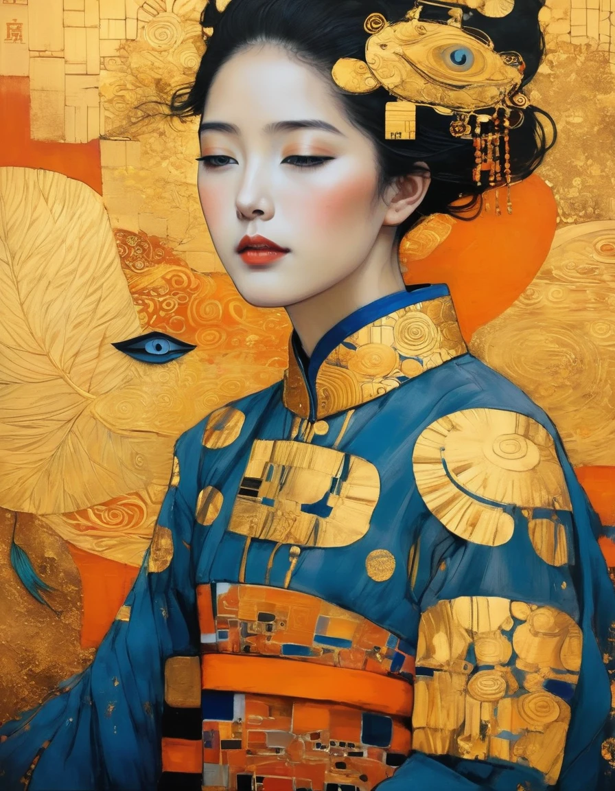 (Gold Leaf Art:1.6), ASCII art style, portrait, best quality, High resolution, Ultra-fine, (realism: 1.37), Character concept design, Hev Kahraman Style, Chinese Girl portrait, portrait of a Girl, The eye details are exquisite, Beautiful and delicate lips, Detailed face, long eyelashes, Fashionable urban clothing, Intermission, blue and orange, sharp focus, studio lighting，Stanley Donwood Style, Features, Ink Art, side view

