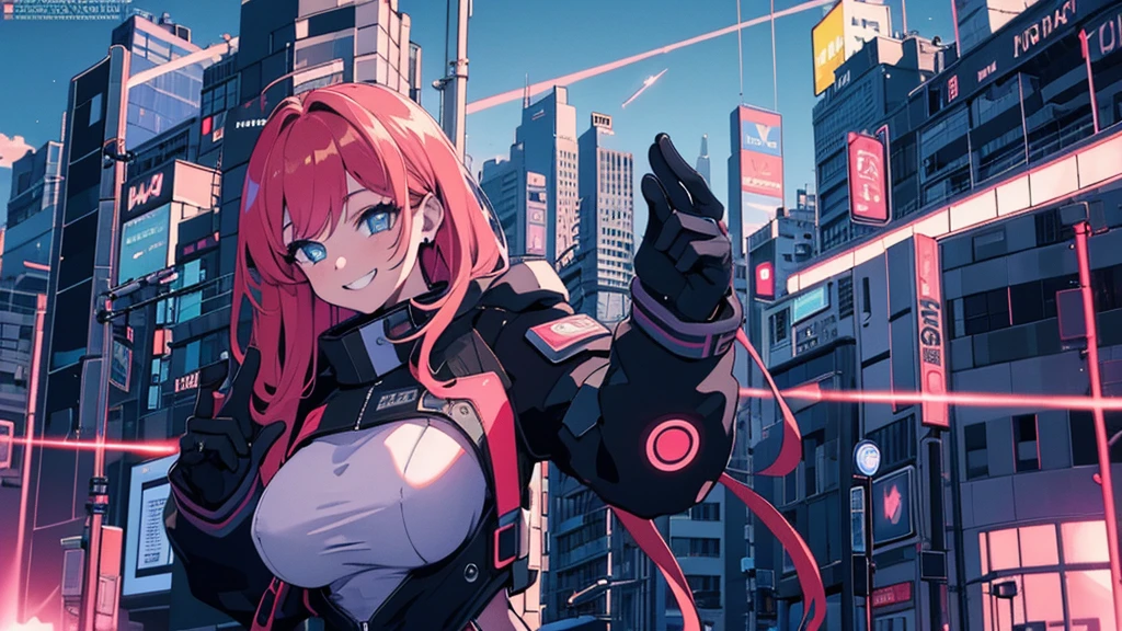 Best quality, (masterpiece:1.2), 1girl, night city wear, massive breast, perfect body, standing, smile, grinning expression, landscape is cyber punk city , at night ,