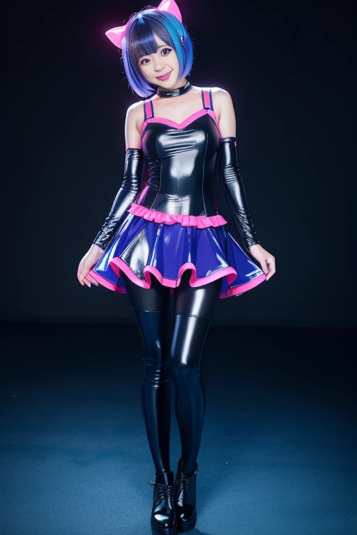 female idol、smile、full body tights、sexy latex dress（neon indigo）、multicolored hair、short hair　zentai