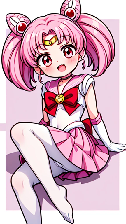 Sailor Moon,childhood,Seven ,Cute little loli,Pink hair twintails,short hair,Sailor suit,red bow,White elbow gloves,Red Skirt,lying down,no shoes,Open your mouth,laughing out loud,fangs,(white pantyhose),(white pantyhose)