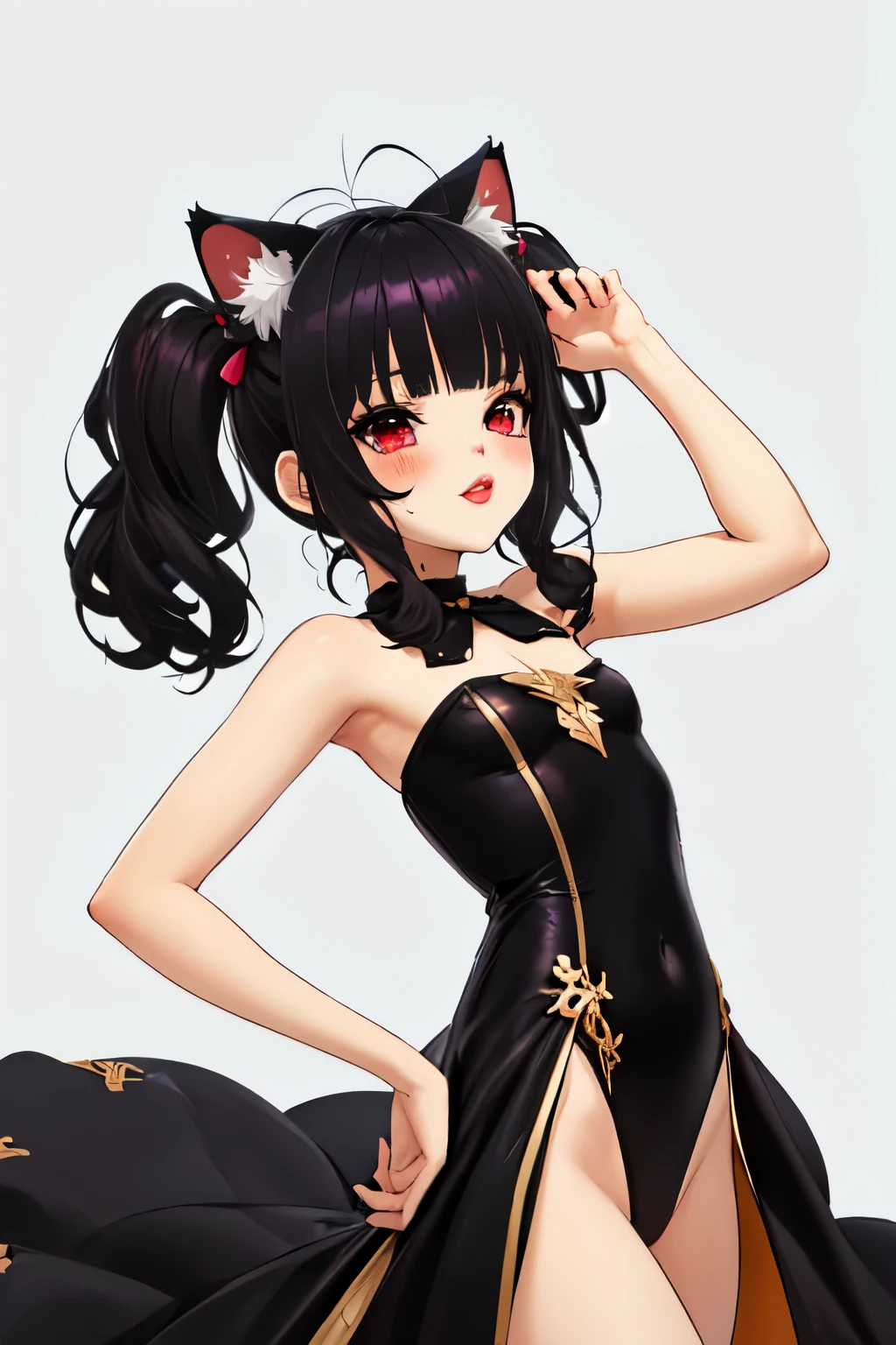 (obra maestra),(Mejor calidad),ultra detallado,1 chica, Axilas, Arms behind the head, brazos arriba, Golpes, escote, dakimakura \(medio\), ,((long hair slightly wavy slightly past the shoulders, black bangs, small black pigtails on the sides, cute cat ears, beautiful thin red eyes,)), , ojos de gato verticales rojos muy detallados, labios sensuales , mejillas rosadas,, detached cohllar, vestido, elbohw glohves, ribete de piel, glohves, pelo entre los ojos,  (pechos enormes), lohng hair, lohohking at viewer, mintiendo,  ombligo, ohfficial alternate cohstume, ohn back, Labios partidos, pelvic curtain, , skindentatiohn, sohloh, pelo rayado, muslos, muslos, twoh-tohne hair, very lohng hair, pelo blanco, yellohw eyes,piel brillante,Primavera-Aegir,hembra madura,;oh, (pijama sensual, ligeros)