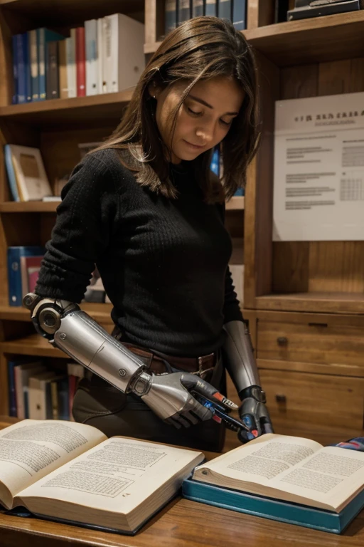 Un robot dandole la mano a un humano que tiene una libreta de procedimientos o pasos para hacer algo