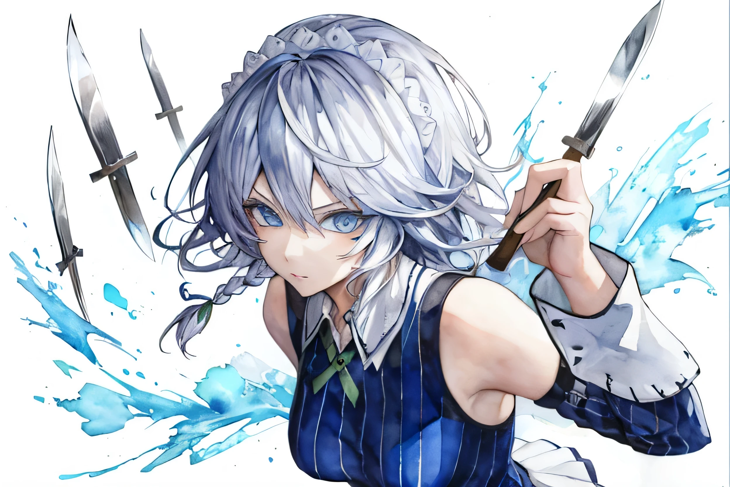 1girl, solo, Paintings, Top Quality, (watercolor), (Partially painted:1.1) On a white background, colourful colors, sakuya izayoi, silver hair, maid dress, white apron, very short skirt, sexy pose, flying knive, holding knife, sleeveless outfit, detailed face, detailed eyes, fresh blue eyes, big green ribbons, blue outfit, small-to-medium breasts