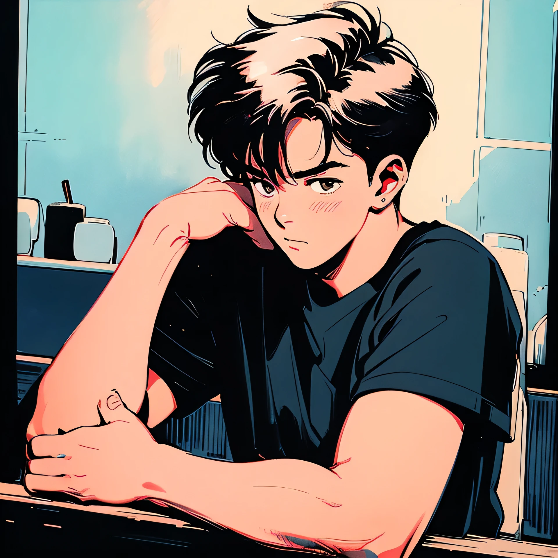 High definition,8K,high quality,1 male,alone,good looking,30 generations,earrings,full body shot,wide angle lens,ultra wide angle,Lens distortion,Distance,鼻earrings,silver hair,Silver Hair,short hair,short hair,short sleeve,displeased look,lonely,bust shot,Obar size,black t-shirt,profile,High definition,8K,high quality,night club,dark room,bar,counter,glass of alcohol, night, resting on chin,overlooking,Shot from diagonally above,The background is dark、