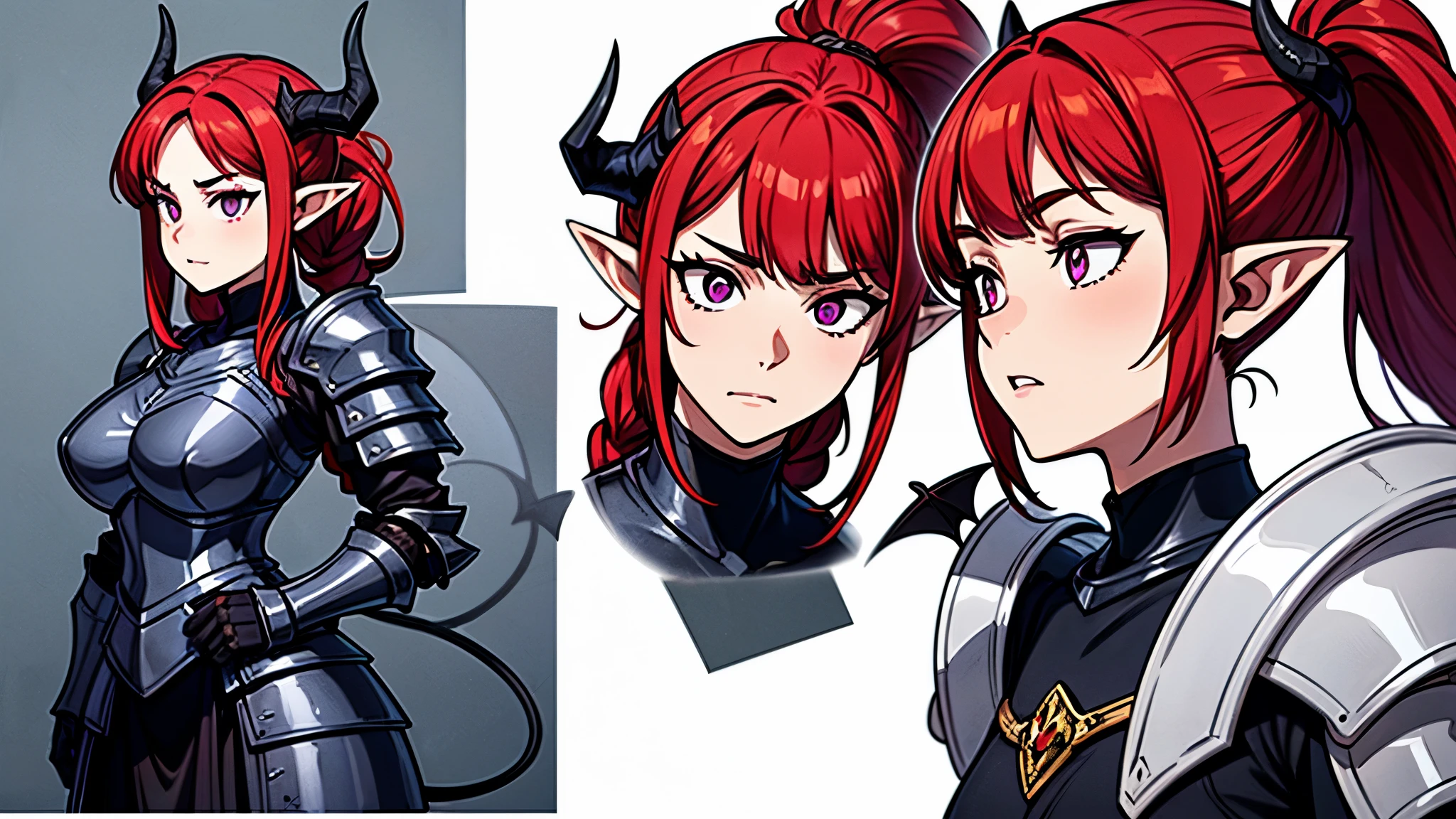 (Masterpiece, best quality), detailed, character sheet, many items (the same person, medieval royal demonic fullplate heavy armor, many parts), athletic, busty, demon, demon girl, detailed beautiful purple eyes, detailed face, pointy ears, red hair and white skin, braided ponytail, demon horns, full of details.