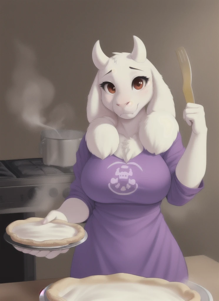 toriel, furry female anthro, goat girl, standing, (dress, purple dress:1.2), shirt design,  portrait, solo, holding pie, steaming pie, (body fur:1.2), (best quality), (castle kitchen background:1.2), medium breasts, dramatic lighting, (detailed fluffy fur:1.1), looking at viewer, 