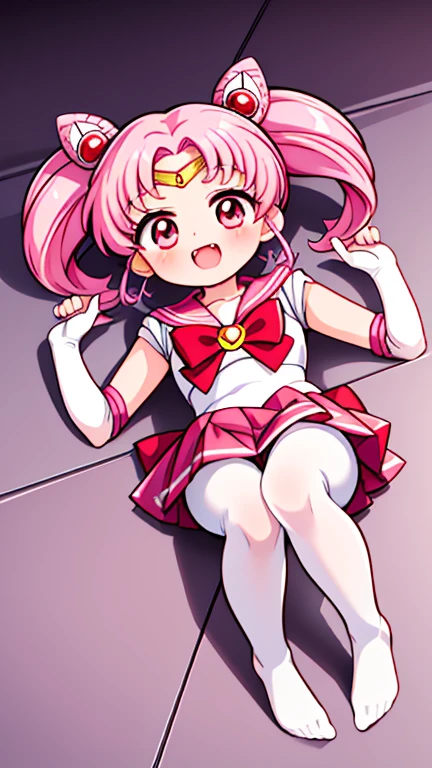 Sailor Moon，childhood，Seven ，Cute little loli，Pink hair twintails，short hair，Sailor suit，red bow，White elbow gloves，Red Skirt，lying down，no shoes，Open your mouth，laughing out loud，fangs，(white pantyhose),(white pantyhose)