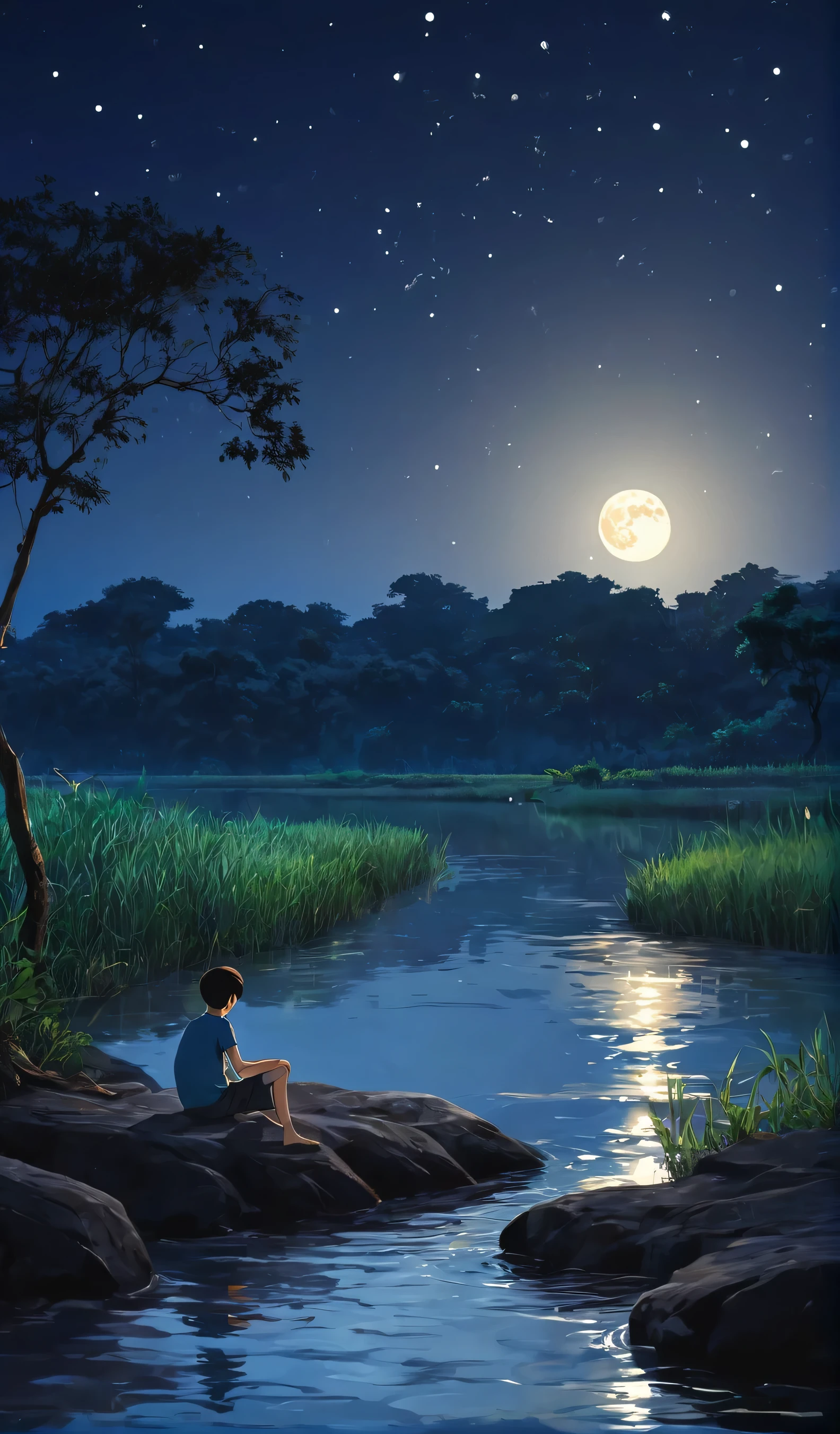 A boy who is sitting in a besides river with moonlight night