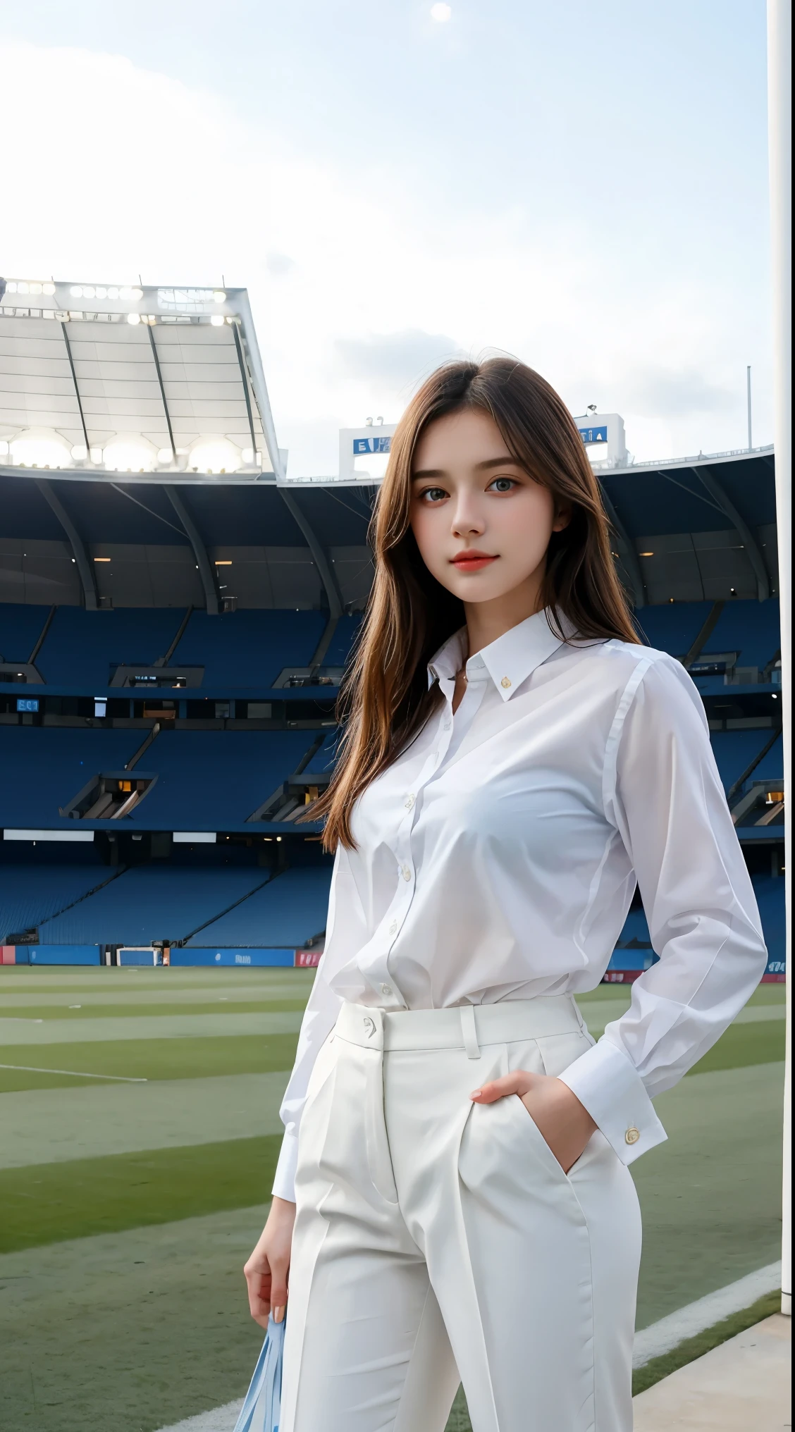 Gorgeus Girl, Beautiful, Baby Face, 20 Years Old, White Skin, Sexy Pose, woman trousers, Blue Eye, Bokeh, football stadium Background, Masterpiece, Fullbody Shot, business suits, long white shirt