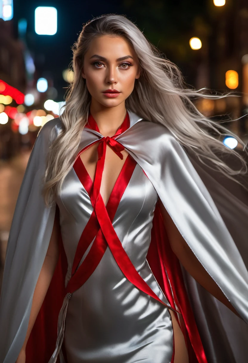 (RAW Photo) , (highly detailed:1.20) , ultra realistic :1.10) ,sexy girl in her 20s , (perfect face:1.20) , (detailed red eyes:1.20) , with long silver hair in ponytail , (((long silver satin cape tied at the neck with a ribbon :1.20))) , naked , full body, walking down street at night , high-quality ultra realistic style, detailed eyes, professional, expressive , 8K , highly detailed , professional,