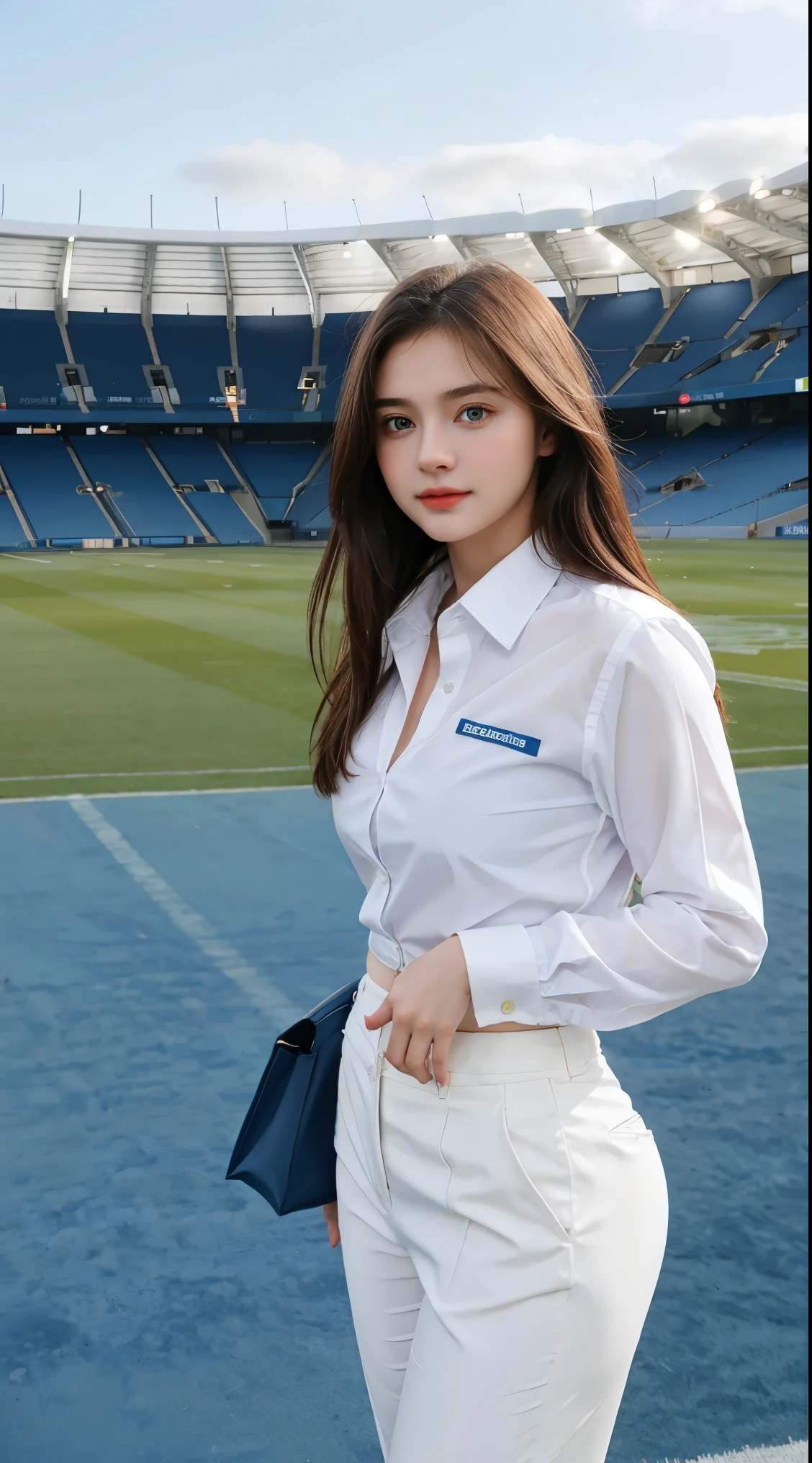 Gorgeus Girl, Beautiful, Baby Face, 20 Years Old, White Skin, Sexy Pose, woman trousers, Blue Eye, Bokeh, football stadium Background, Masterpiece, Fullbody Shot, business suits, long white shirt