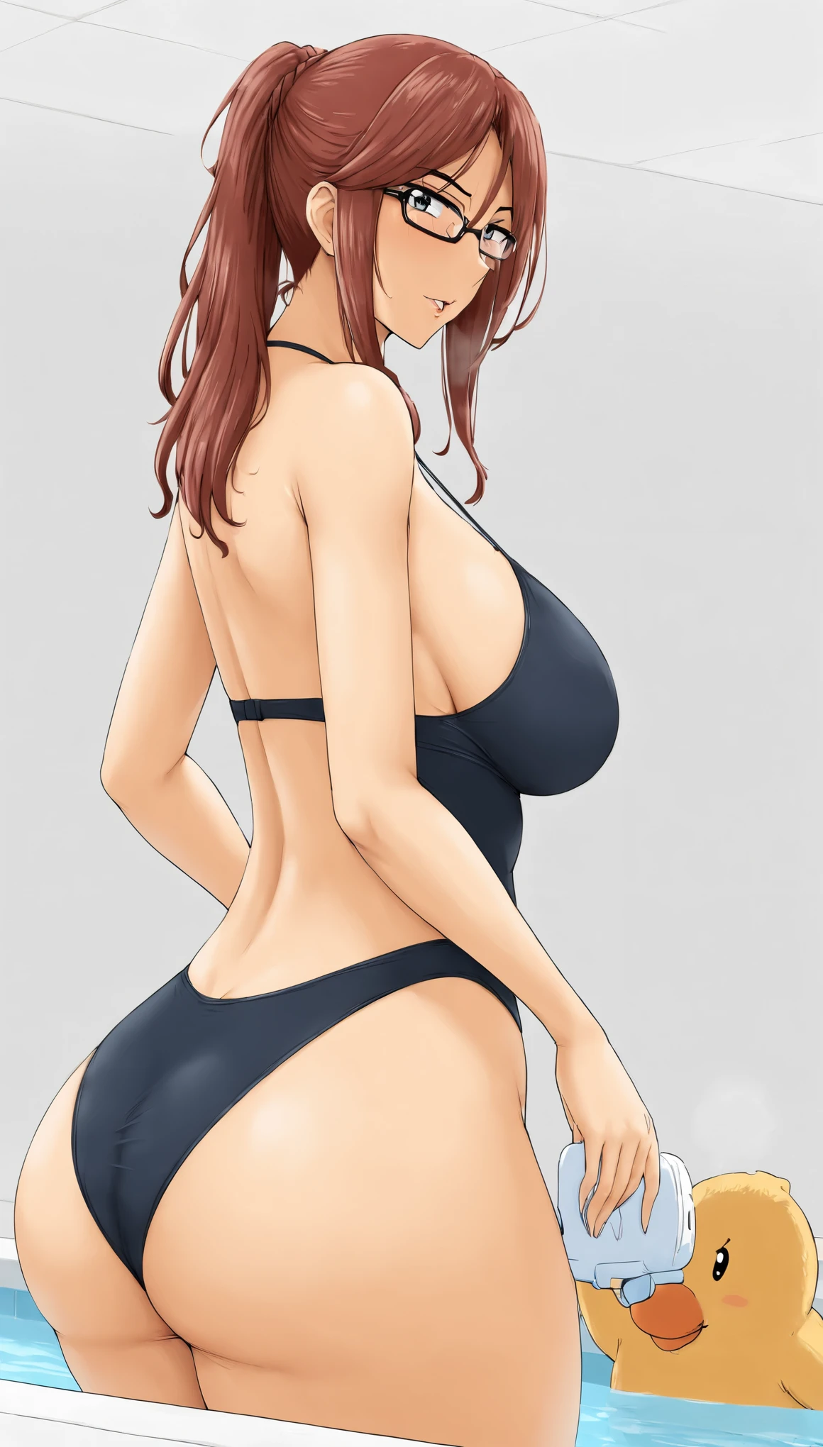 masterpiece, best quality, very aesthetic, absurdres,1milf:1.5, original, teacher, busty, big ass, glasses, long hair, swimsuit, poolside, futonsuki_XL,