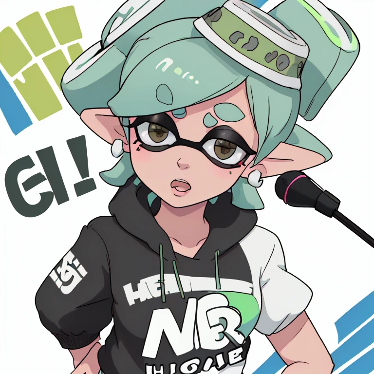 Marie de splatoon esta cantando en un concierto de rock, en el cual tiene una chaqueta de cuero puesta y de fondo esta una bandera gigante con el logo de the rolling stone 