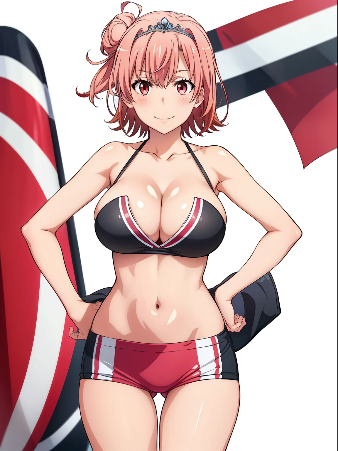 ((masutepiece, Best Quality, hight resolution, nffsw, Perfect Pixel, depth of fields, 4K, )), 1girl in, Solo, , Beautiful anime girl, Beautiful Art Style, close up, Looking at Viewer, Perfect body, Yuigahama Yui, Short hair, single hair bun, pink hair, (large boob), Full face blush, Smile, thighs thighs thighs thighs, tiara, race queen, tube top, cleavage, hands on hips, white background, cowboy shot, Focus,