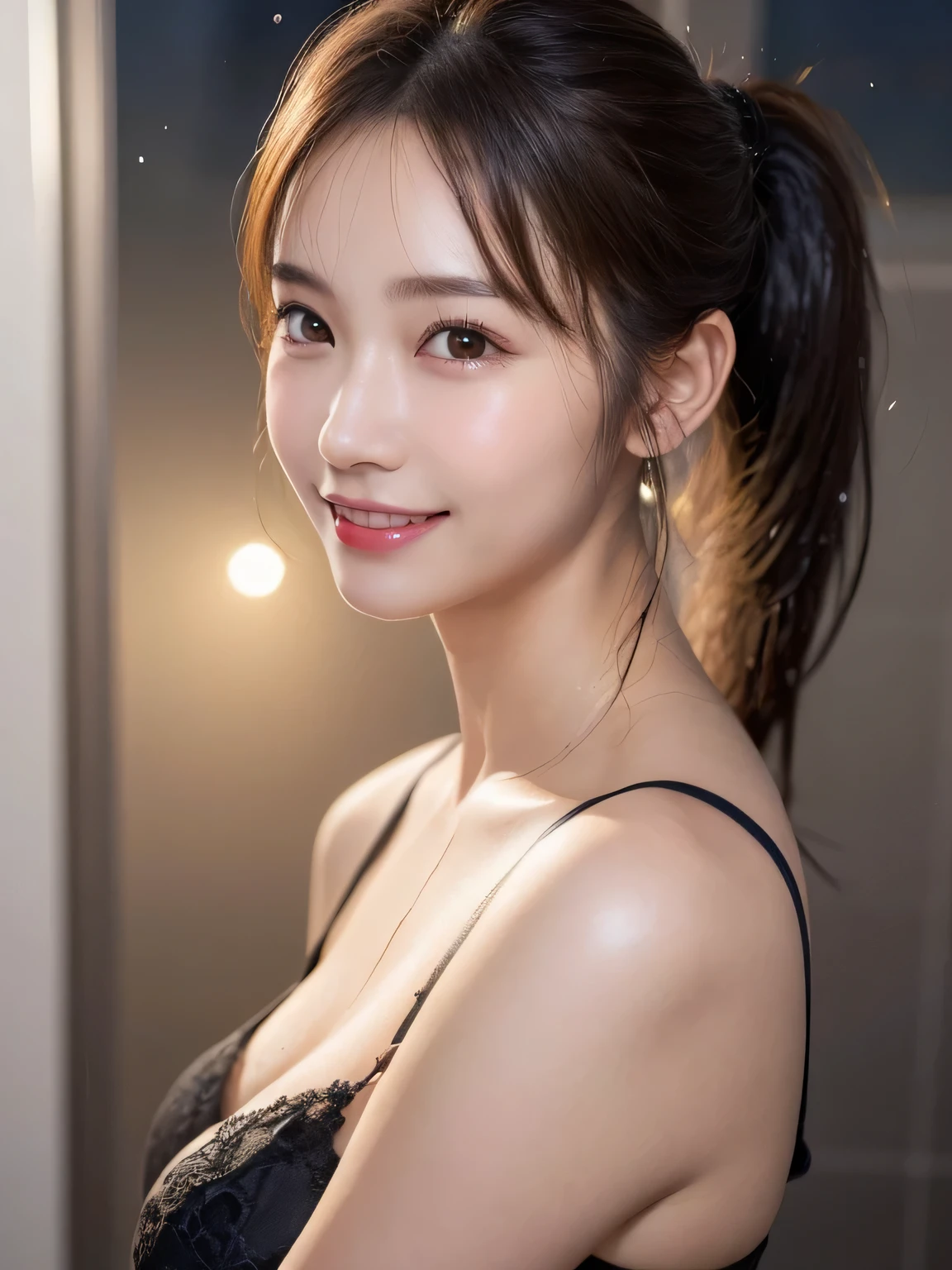 Beautiful woman，body portrait、8K，thin and beautiful eyes，Dindal effect、masterpiece, 最high quality, high quality, High resolution、very detailed photos、(natural skin texture、fine skin、hyper realism、Super sharpness)、high detail skin、(very detailed、fine skin texture、intricate details、beautiful face、(lifelike face)、realistic eyes、beautiful and detailed eyes、ponytail、real looking skin、beautiful skin、big breasts、G cup、glamorous、shiny skin、oily skin、Take a shower in the bathroom、surreal、very detailed、golden ratio、with smiling eyes、((night moonlight background))、body portrait