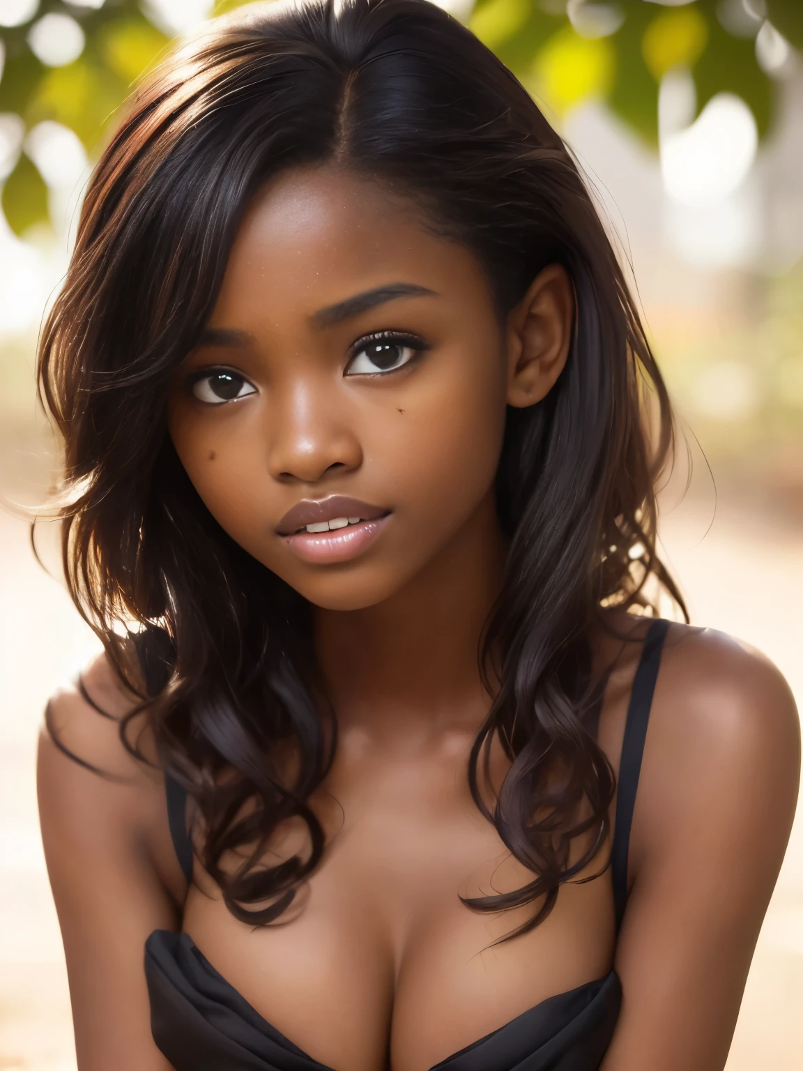 (portrait, editorial photograph of a beautiful black girl, adorable face, long brown curly hair, hazel eyes, by lee jeffries, nikon d850, film stock photograph ,4 kodak portra 400 ,camera f1.6 lens ,rich colors ,hyper realistic ,lifelike texture, dramatic lighting, (highly detailed face:1.4), perfect eyes, realistic iris, perfect teeth, (smile:0.7), (background dark, shadow of the leaves, moody, cleavage), sun rising, early morning light, Wishing for something, masterpiece, best quality, photorealistic, Citizen of Guinea-Bissau, very cute super model, perfect anatomy, skinny
