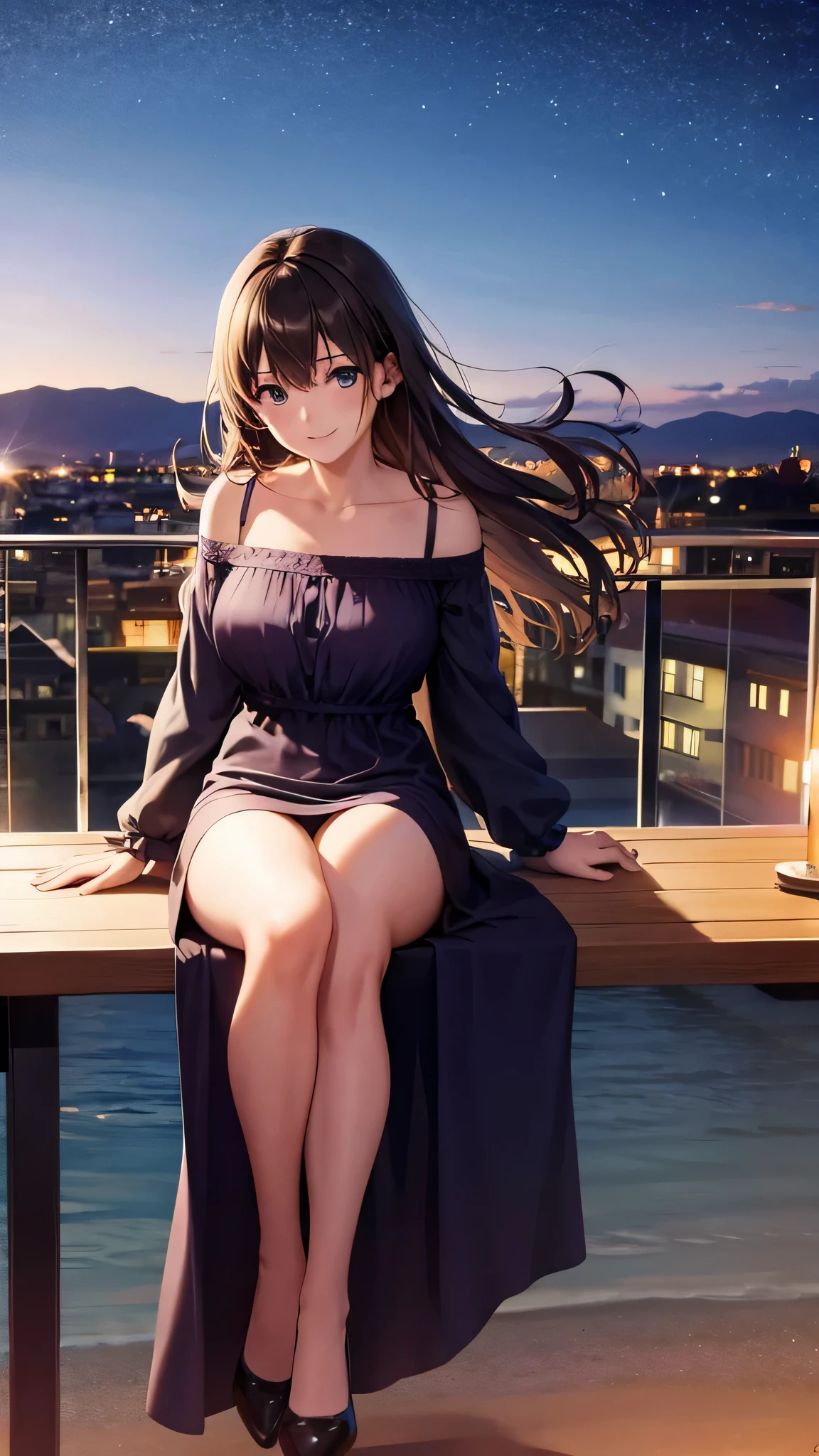 (8K, highest quality, table top:1.2), (realistic, Photoreal:1.37), Super detailed, 1 girl,cute, alone,midnight,beautiful detailed sky,Detailed cafe,sitting,date,(blush your nose),(smile:1.15),(closed mouth) small breasts,detailed and beautiful eyes,Floating hair NovaFrogStyle,backless dress,pink dress