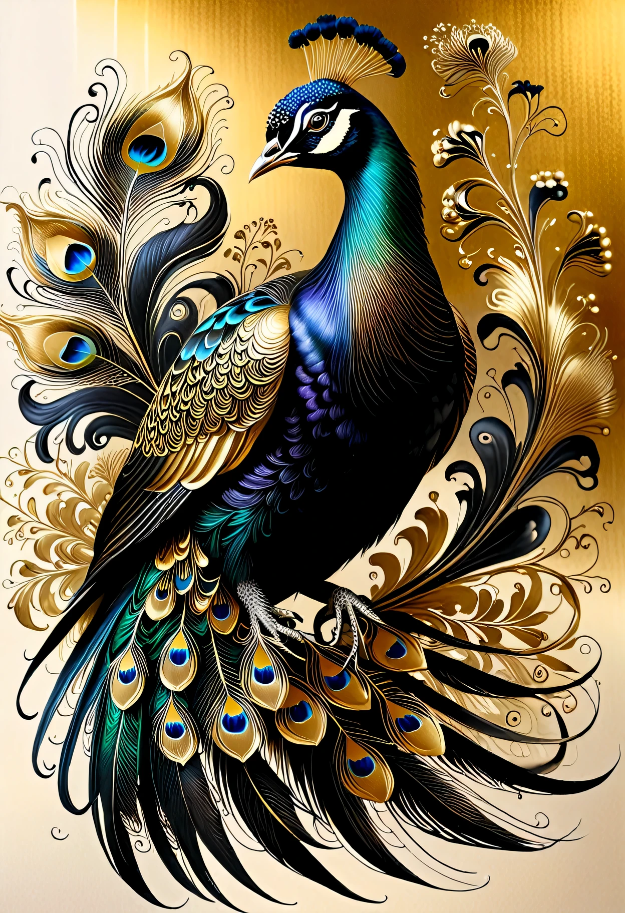 ,gold leaf art,makie,gold ink art,beautifully intricate peacock delicately drawn with a brush, using only sumi ink,Envision the graceful strokes capturing the elegance of the peacock's feathers, with the rich black ink bringing out the fine details, Emphasize the beauty and delicacy of the peacock's features, utilizing the simplicity of sumi ink to convey the essence of this majestic bird,creating a visually stunning representation of a peacock expressed solely through the artistry of black ink on paper,lineart,LineAniAF,oil paint,Flora,Obsidian_Gold