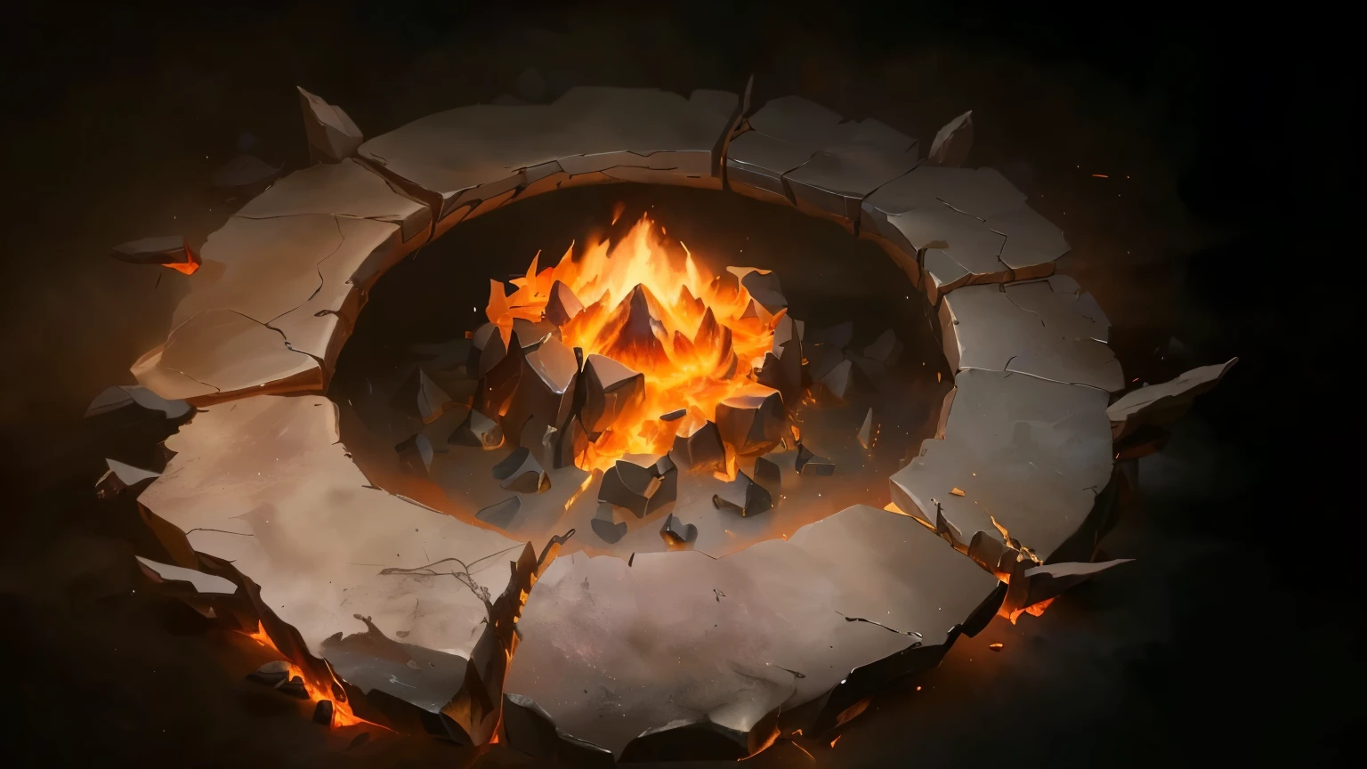 There is a fire pit，there is fire inside，There are rocks around, flame stones are scattered, blizzard Hearthstone concept art, Hearthstone concept art, Holy Fire Spell Art, Dota 2 concept art, Riot Games Concept Art, Research the Hell Rift Portal, Portal to the Lost Flame Realm, diablo concept art, Ironmaking pits, Mysterious concept art with high detail, best quality, 8K, [Super detailed], masterpiece, best quality, (Very detailed), Dynamic angle, lifelike, dnd art, fantasy art, realistic art,(strong details, masterpiece, best quality: 1.5)，joist，sacrifice，runes