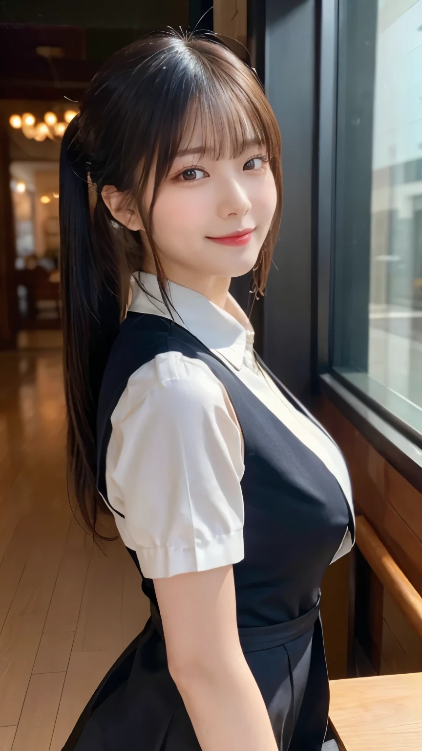 (highest quality,masterpiece:1.3,ultra high resolution,),(Super detailed,caustics),(Photoreal:1.4,RAW shooting,)ultra-realistic capture,very detailed,High resolution 16K human skin close-up。 natural skin texture、,The pores are、、、、It should be detailed enough to be easily identifiable。 Skin should be even-toned and healthy looking。 Use natural light and color,restaurant,waitress uniform,1 girl,Japanese,18-year-old,cute,black haired,ponytail,big breasts,smile,Turn your body forward,(Front view:1.1),look at the camera,cowboy shot,