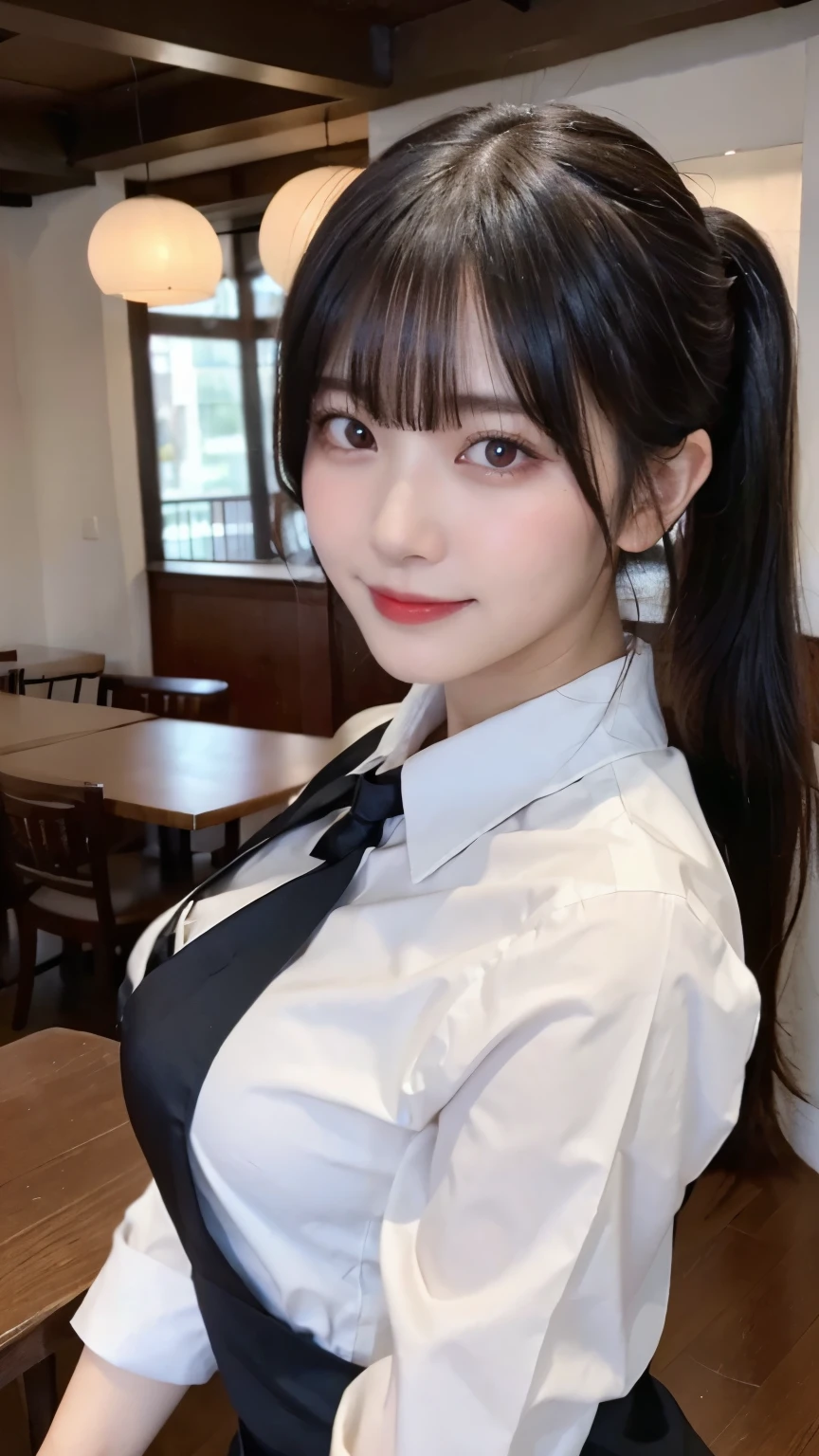(highest quality,masterpiece:1.3,ultra high resolution,),(Super detailed,caustics),(Photoreal:1.4,RAW shooting,)ultra-realistic capture,very detailed,High resolution 16K human skin close-up。 natural skin texture、,The pores are、、、、It should be detailed enough to be easily identifiable。 Skin should be even-toned and healthy looking。 Use natural light and color,restaurant,waitress uniform,1 girl,Japanese,18-year-old,cute,black haired,ponytail,big breasts,smile,Turn your body forward,(Front view:1.1),look at the camera,cowboy shot,