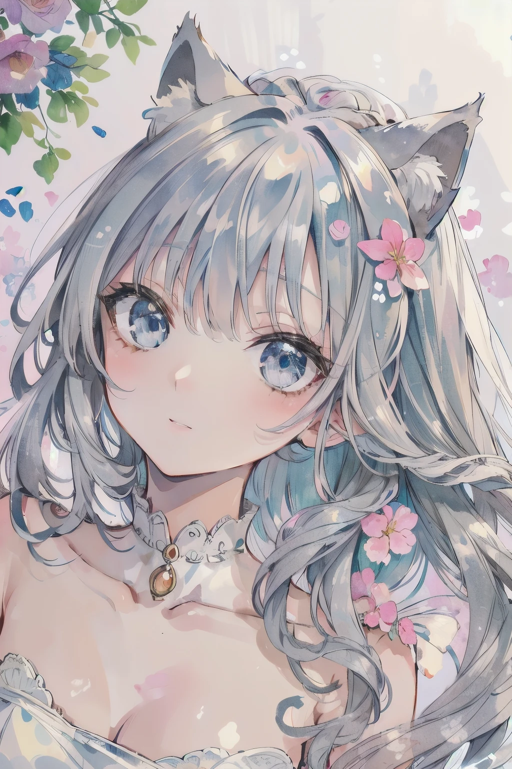 (8K, best quality, master piece: 1.2), super high resolution,watercolor painting,1 giri,solo,full body,ultra-detailed face,detailed eyes,blue eyes,Jill Stuart,A line wedding dress,long hair,Silver gray hair,Cat ear,cat tail,happy,official art,Wide Angle,Garden with colorful flowers