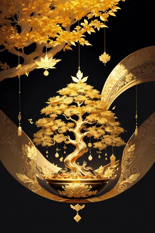 (Gold leaf art:1.5)，The black and gold-rimmed Bodhi tree fell from the sky, Dunhuang murals as background, minimalist, line art, From front and center to the ghostly smoke, Transition from entity to ghost, clever, strong yet calm, Rich in details, Psychedelic, extremely good, drama, Chinese ancient style, style, ink painting, fantasy, surreal, ethereal