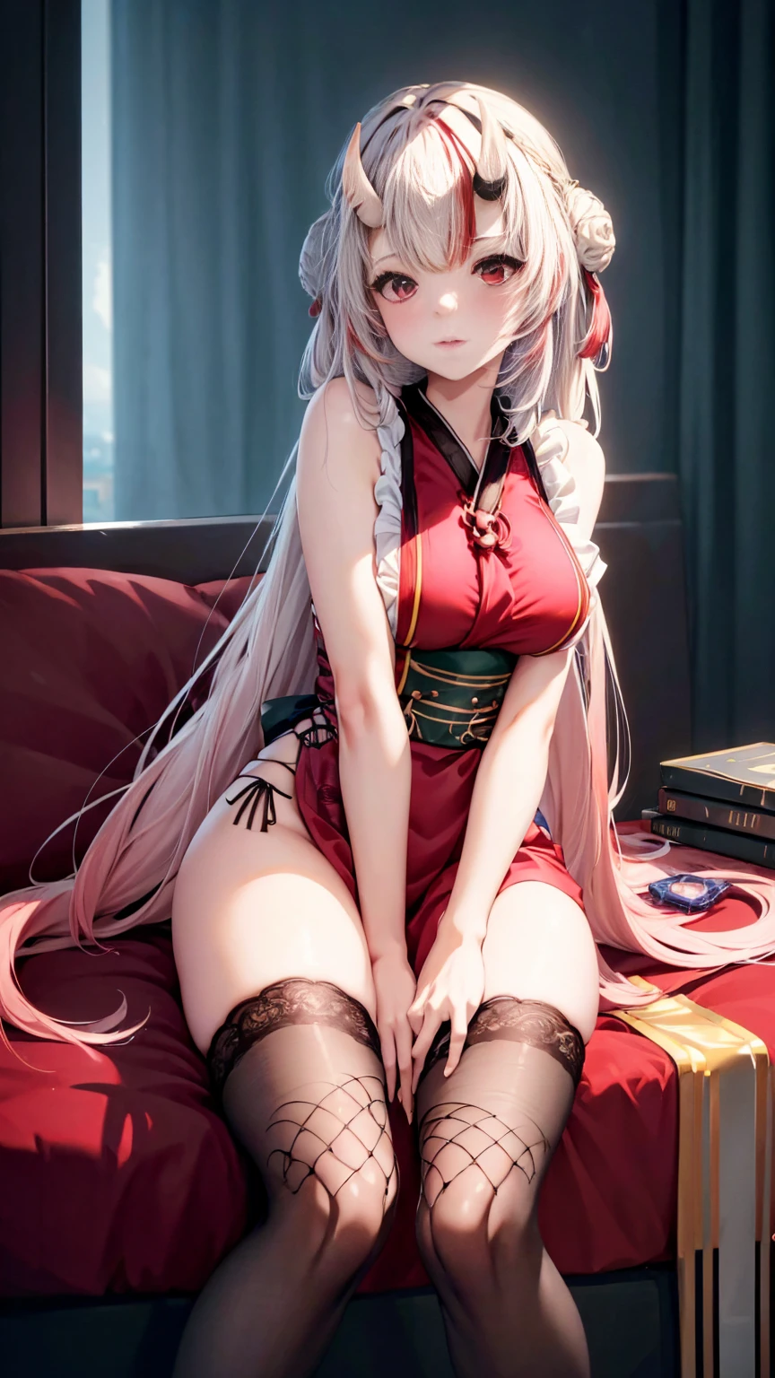 Anime girl sitting on chair, cute anime waifu in beautiful dress, azur lane style, Guweiz in Pixiv ArtStation, trending on artstation pixiv, Guweiz on ArtStation Pixiv, Anime goddess, onmyoji, trending on cgstation , anime style4 K, Guviz, perfect body, perfect breasts,((Best quality, 8k, Masterpiece :1.3)), Sharp focus :1.2, lewd face and holding a condom, ((hand between legs)), wearing legs, fishnet stockings, ((perfect face)), apron, nude, no underwear, slightly bent,hand between the legs, show pantie ,