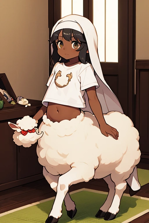 Sheep Nun、2 Men Arms、4 legs of lamb、quadrupedal walking、delicate、delicate face、black skin、Lamb&#39;s ear、Curved Ram Horn、gray hair、White sheep&#39;s wool、flat chest、T-shirt、(belly button)、Super high quality