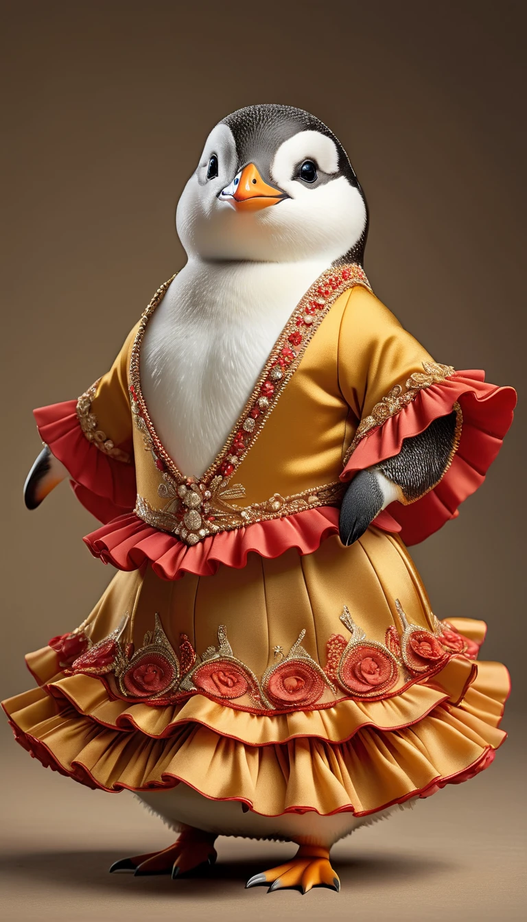 Realistic portrait of an animal in clothes - a chubby little penguin flamenco dancer,( flamenco dance poses), high quality,(charming) ,intricate details, Very detailed ((Golden flamenco costume)) ,Very detailed dress,, (happy), studio lighting,(full body image:1.5)
