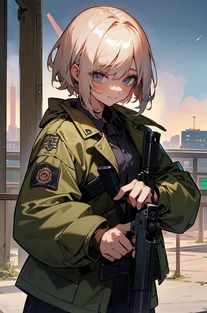 masterpiece, best quality, mature woman, short hair, trimmed hair, gray hair, sharp eyes, amber eyes, glossy lips, sharp expression, focused expression, tactical clothing, bulletproof vest, tactical vest, fingerless gloves, cigarette in mouth, holding gun, ruined building