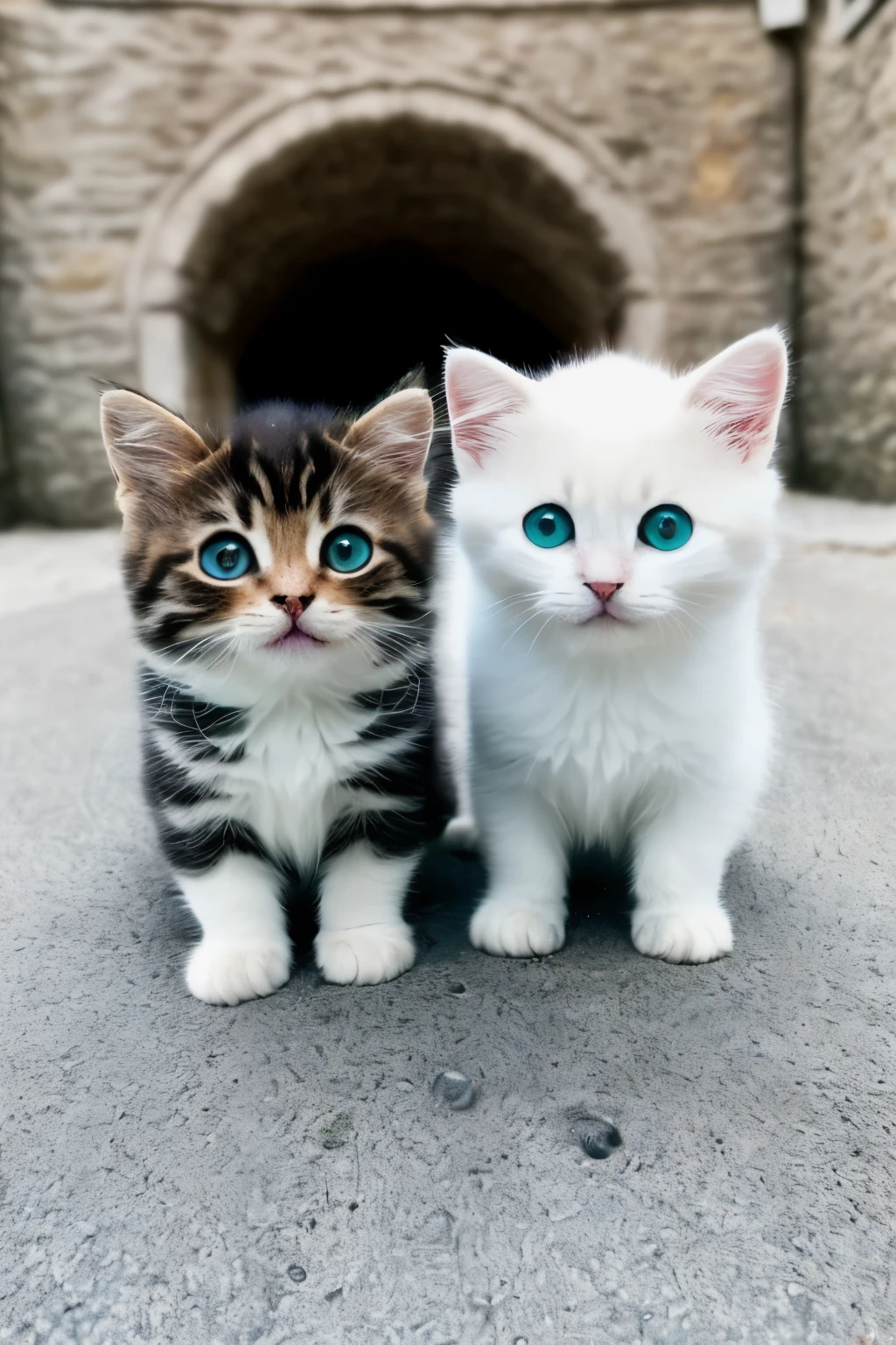 Two adorable kittens embark on an adventurous journey, ((exploring the world)((discovering new places)). With their bright, curious eyes and soft, playful demeanor, they make for captivating travel companions. traits that evoke a sense of wonder and joy ((as they journey through diverse landscapes and cultures)). Their tiny paws pad softly on different surfaces, from sandy beaches to cobblestone streets, leaving traces of their excitement ((as they investigate their surroundings, seeking out new experiences)).

To capture these precious moments, imagine ((a professional photographer, using state-of-the-art equipment, such as a Canon EOS R