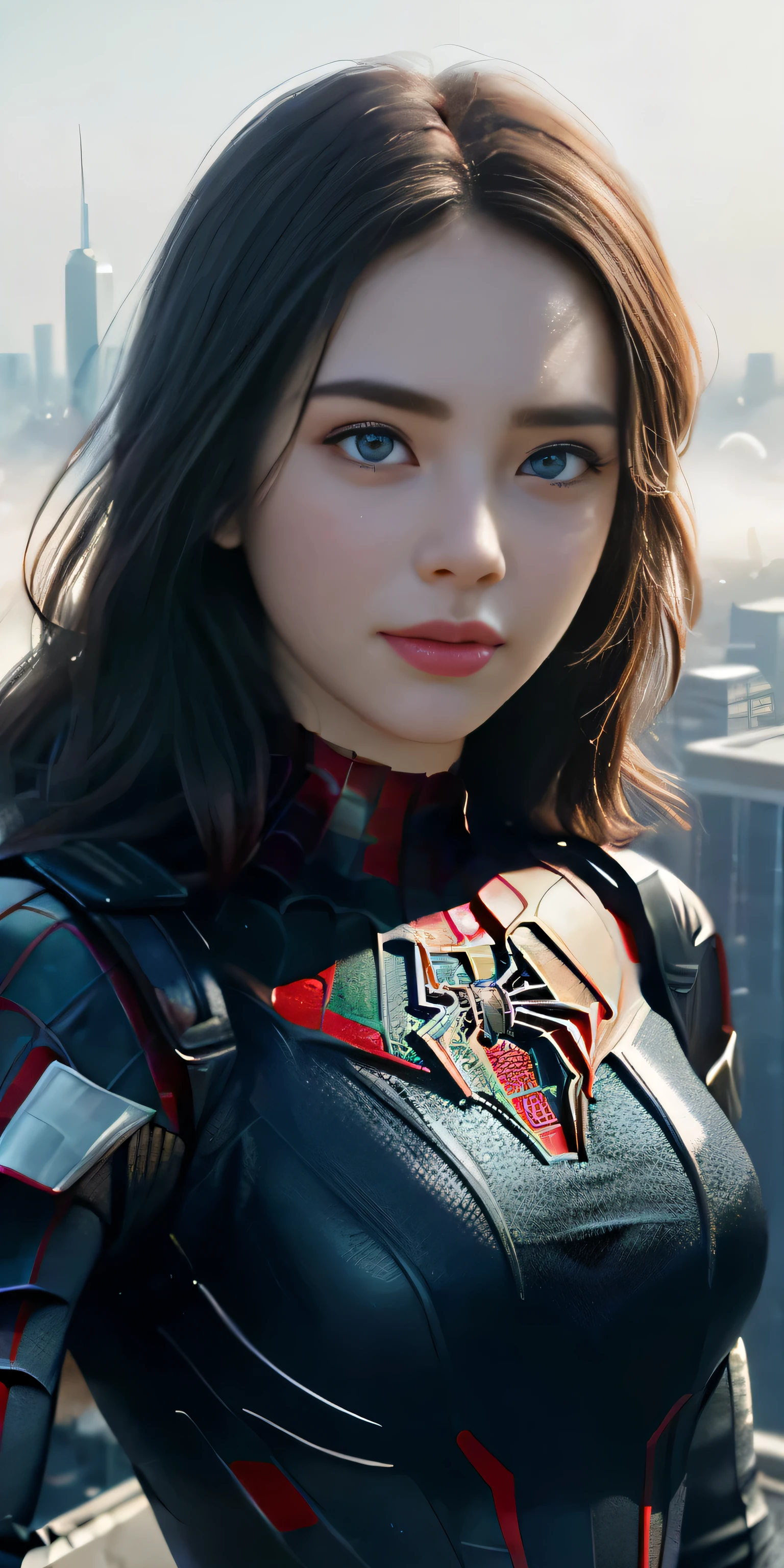 (1girl:1.3), Solo, (((Very detailed face)))), ((Very detailed eyes and face)))), Beautiful detail eyes, Body parts__, Official art, Unified 8k wallpaper, Super detailed, beautiful and beautiful, beautiful, masterpiece, best quality, original, masterpiece, super fine photo, best quality, super high resolution, realistic realism, sunlight, full body portrait, amazing beauty, dynamic pose, delicate face, vibrant eyes, (from the front), She wears Spider-Man suit, red and black color scheme, spider, very detailed city roof background, rooftop, overlooking the city, detailed face, detailed complex busy background, messy, gorgeous, milky white, highly detailed skin, realistic skin details, visible pores, clear focus, volumetric fog, 8k uhd, DSLR, high quality, film grain, fair skin, photo realism, lomography, futuristic dystopian megalopolis, translucent
