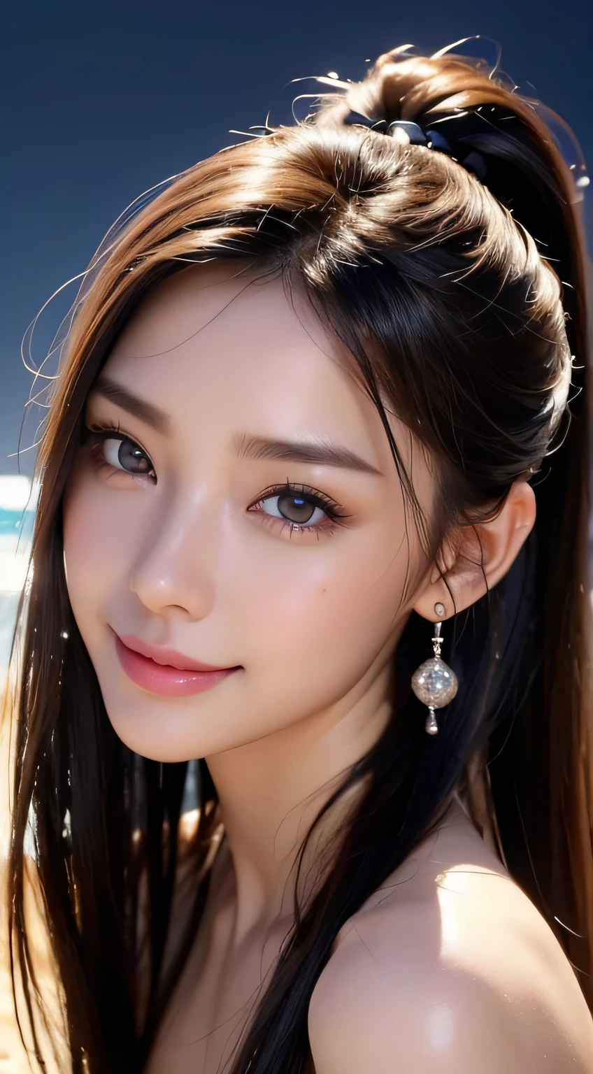Beautiful woman,body portrait、8k,thin and beautiful eyes,Dindal effect、masterpiece, 最high quality, high quality, High resolution、very detailed photos、(natural skin texture、fine skin、hyper realism、Super sharpness)、high detail skin、(very detailed、fine skin texture、intricate details、beautiful face、(lifelike face)、realistic eyes、beautiful and detailed eyes、ponytail、real looking skin、beautiful skin、big breasts、G cup、glamorous、shiny skin、oily muscles、Sunbathe on the beach、surreal、very detailed、golden ratio、with smiling eyes、((night moonlight background))、body portrait