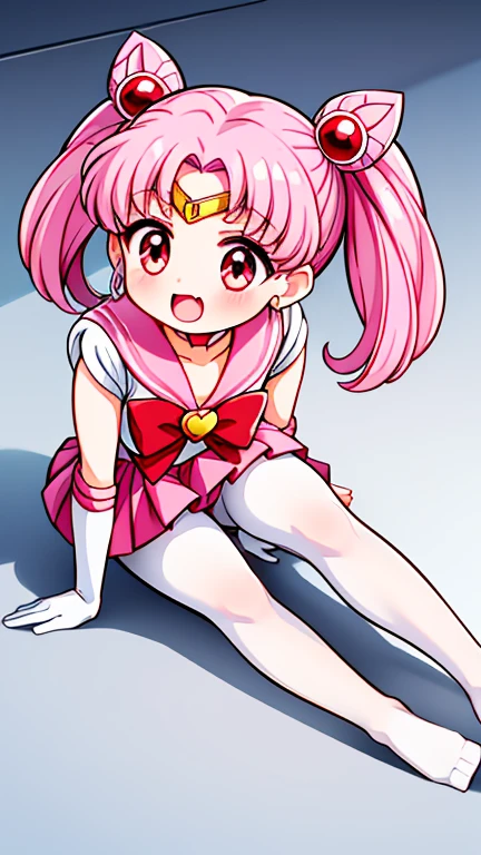 Sailor Moon，childhood，Seven years old，Cute little ，Pink hair twintails，short hair，Sailor suit，red bow，White elbow gloves，Red Skirt，lying down，no shoes，Open your mouth，laughing out loud，fangs，(white pantyhose),(white pantyhose)