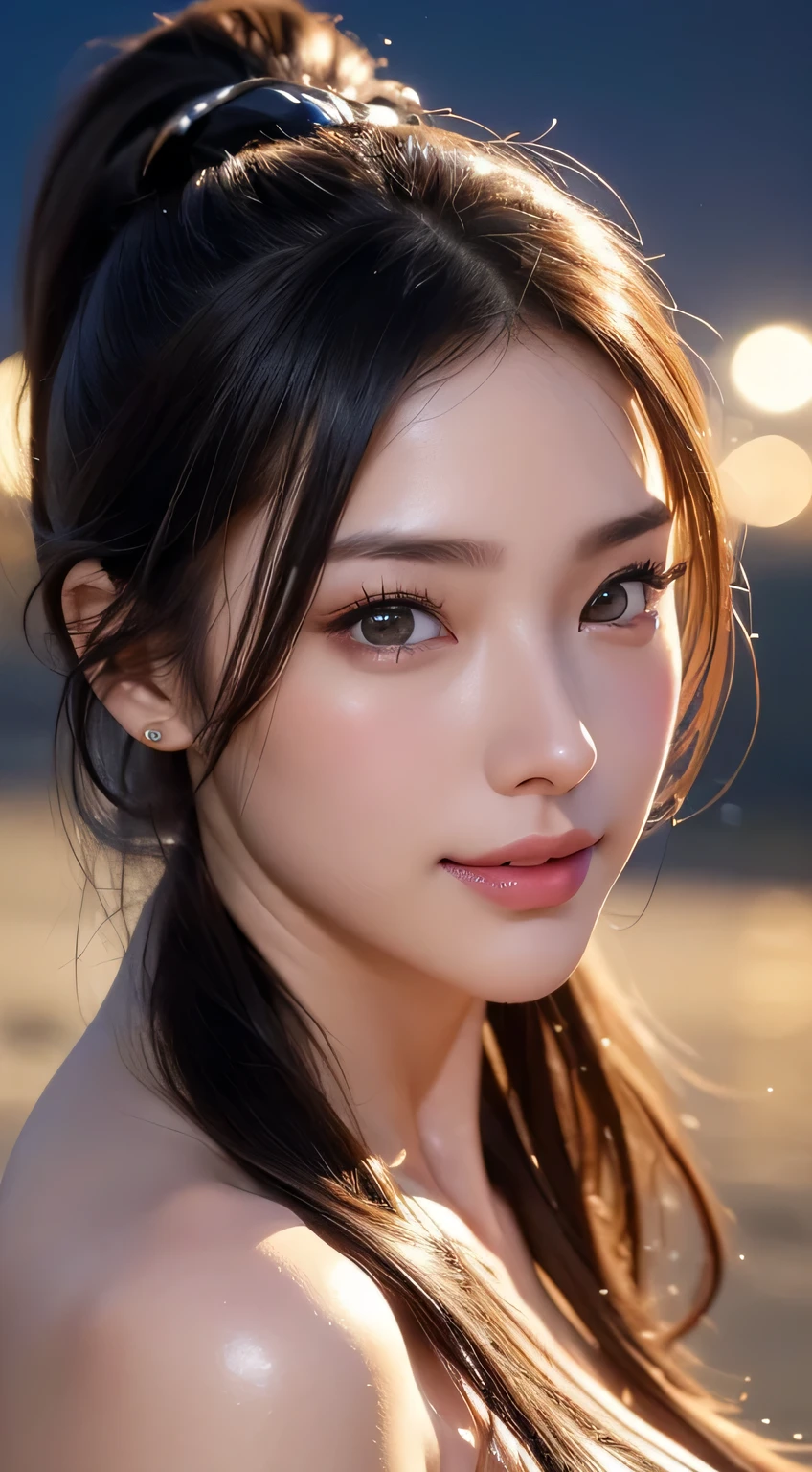 Beautiful woman，body portrait、8k，thin and beautiful eyes，Dindal effect、masterpiece, 最high quality, high quality, High resolution、very detailed photos、(natural skin texture、fine skin、hyper realism、Super sharpness)、high detail skin、(very detailed、fine skin texture、intricate details、beautiful face、(lifelike face)、realistic eyes、beautiful and detailed eyes、ponytail、real looking skin、beautiful skin、big breasts、G cup、glamorous、shiny skin、oily muscles、Sunbathe on the beach、surreal、very detailed、golden ratio、with smiling eyes、((night moonlight background))、body portrait