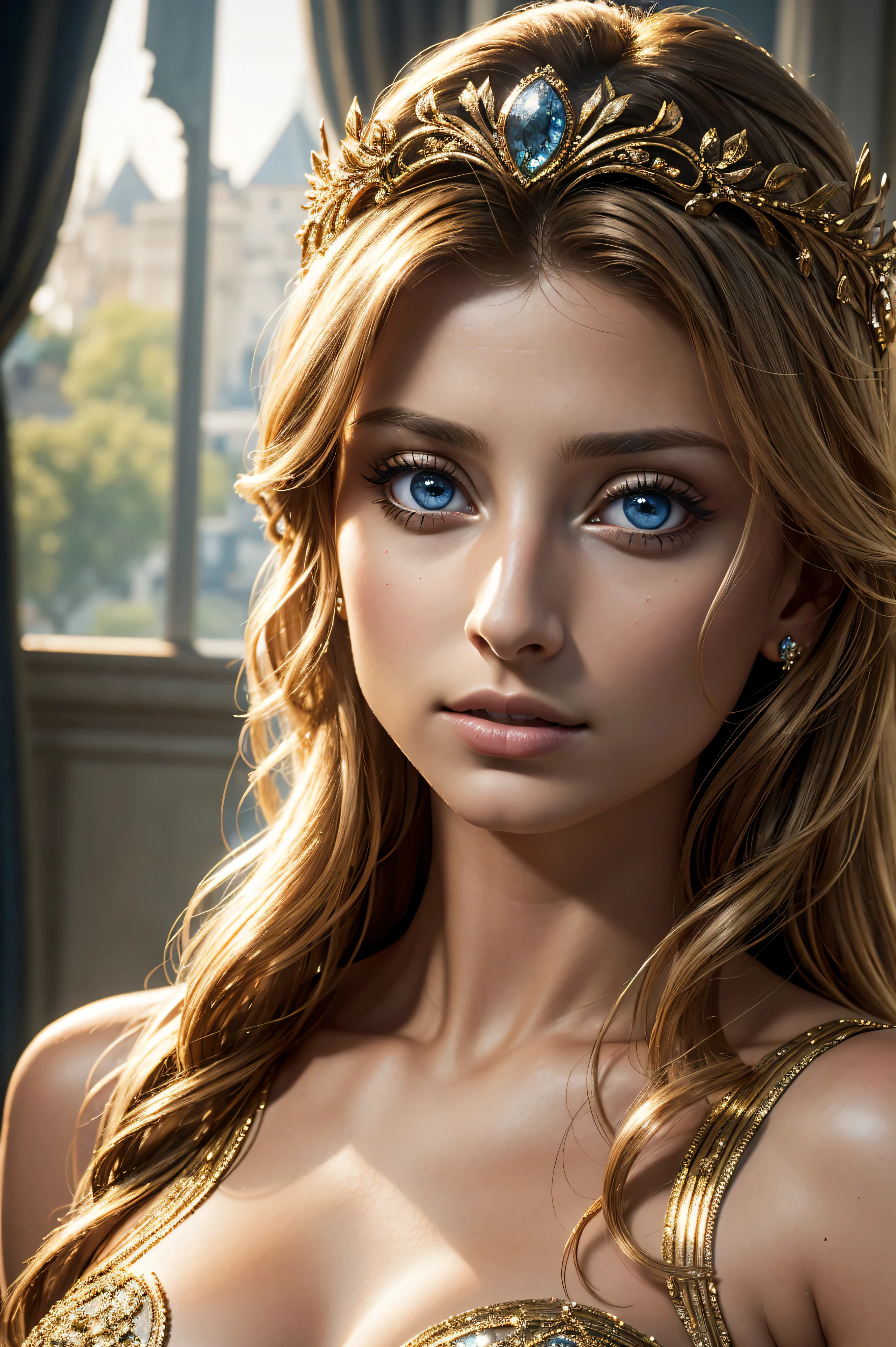 Aly Michalka, wearing Greek goddess Costume transparent. professionally retouched, soft lighting, realistic, smooth face, perfect eyes, sharp focus on eyes, 8 k, high definition, insanely detailed, intricate, elegant. against the background of the Disney castle.