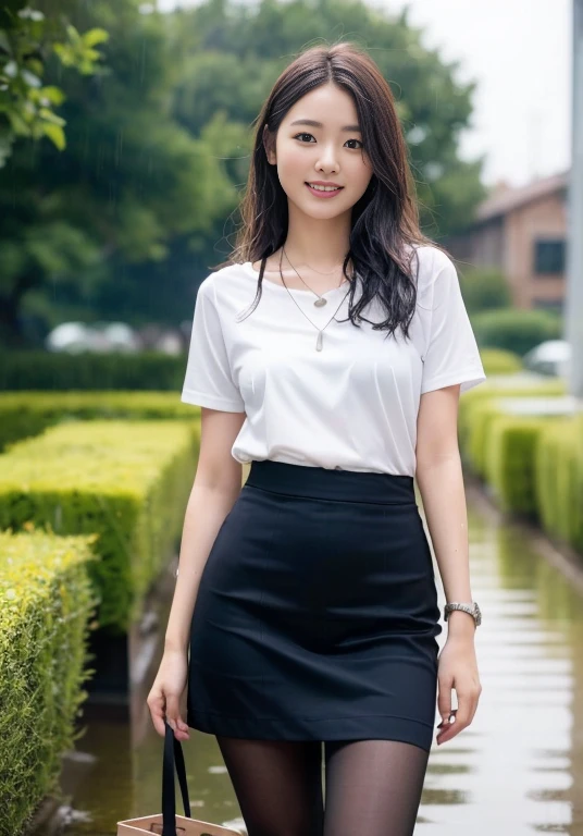 beautiful handsome woman, ((highest quality, 8k, masterpiece: 1.3)), Beautiful woman, 1 female, slender body shape: 1.1, ((NSFW)), (Highly detailed CG Unity 8K wallpaper, highest quality, Super detailed, look at the camera:1.2, light shines on your face:1.5, gray background, professional lighting), Upper body, 20 year old Japanese female paralegal. Hair length is medium, dark, I was drawn back to practical style.; Oval face with well-defined eyebrows, Intelligent almond-shaped eyes, straight nose, And a calm mouth. , discreet pendant necklace, It symbolizes her efficient and focused nature., front, middle shot, smile, pantyhose, perfect beauty, president's secretary, (((panties are visible))), ((On the city road))、 field、((pouring rainで全身が濡れている))、服もMy hair is wet too、pouring rain、the whole body is wet、My hair is wet too、(wet in the rain、Wet with rain、wet body:1.2)、(skirt lift), ((skirt lift by myself)),