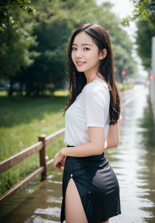 beautiful handsome woman, ((highest quality, 8k, masterpiece: 1.3)), Beautiful woman, 1 female, slender body shape: 1.1, ((NSFW)), (Highly detailed CG Unity 8K wallpaper, highest quality, Super detailed, look at the camera:1.2, light shines on your face:1.5, gray background, professional lighting), Upper body, 20 year old Japanese female paralegal. Hair length is medium, dark, I was drawn back to practical style.; Oval face with well-defined eyebrows, Intelligent almond-shaped eyes, straight nose, And a calm mouth. , discreet pendant necklace, It symbolizes her efficient and focused nature., front, middle shot, smile, pantyhose, perfect beauty, president&#39;s secretary, (((panties are visible))), ((On the city road))、 field、((pouring rainで全身が濡れている))、服もMy hair is wet too、pouring rain、the whole body is wet、My hair is wet too、(wet in the rain、Wet with rain、wet body:1.2)、(skirt lift), ((skirt lift by myself)), 