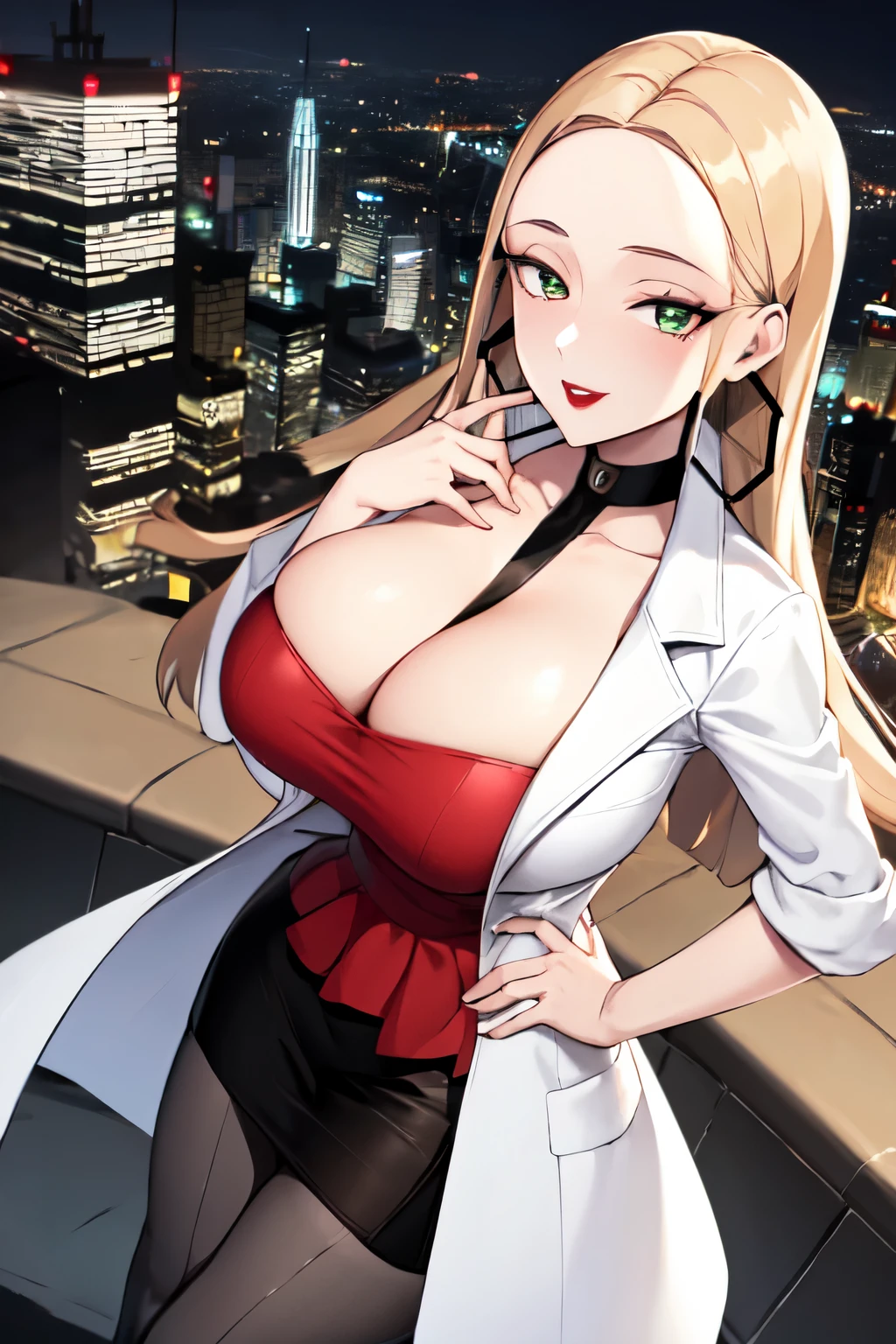 masterpiece, best quality,  oleana, long hair, sidelocks, choker, hoop earrings, lipstick, white coat, red shirt, black skirt, pantyhose, high heels, from above, hands to hips, looking at viewer, smile, hand to heart, cityscape, night, huge breasts, cleavage