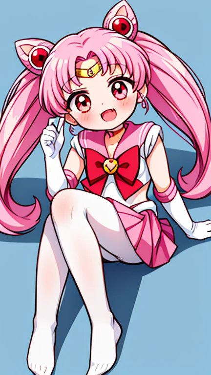 Sailor Moon,childhood,Seven years old,Cute little loli,Pink hair twintails,short hair,Sailor suit,red bow,White elbow gloves,Red Skirt,lying down,no shoes,Open your mouth,laughing out loud,fangs,(white pantyhose),(white pantyhose)