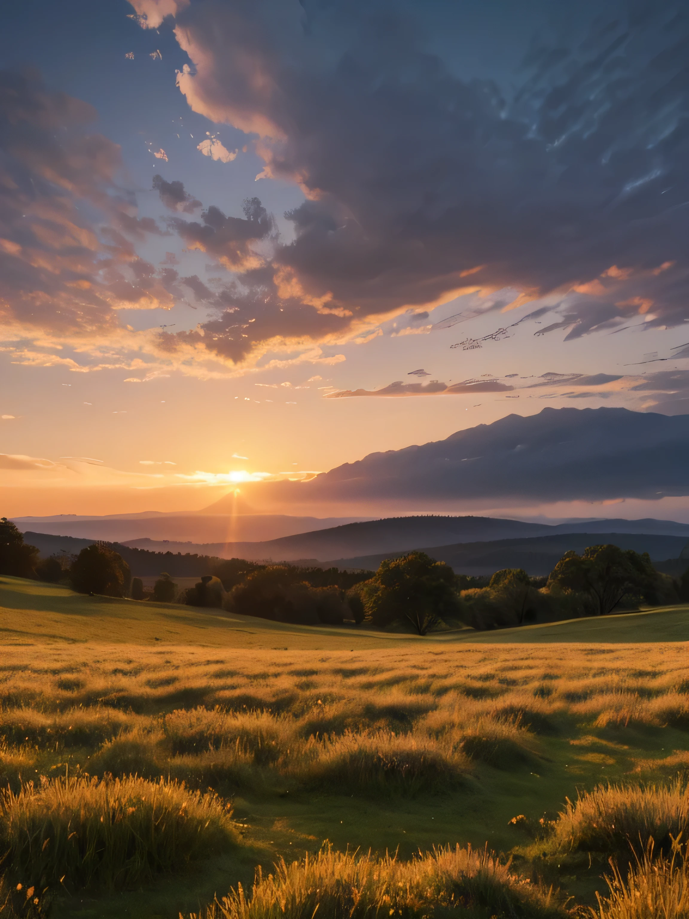 Landscape with a rocky meadow and Sunset, hyperrealistic, masterpiece, small details, photorealistic, ultrarealistic photo, 8k UHD, digital slr camera, Soft lighting, high quality, film grain
