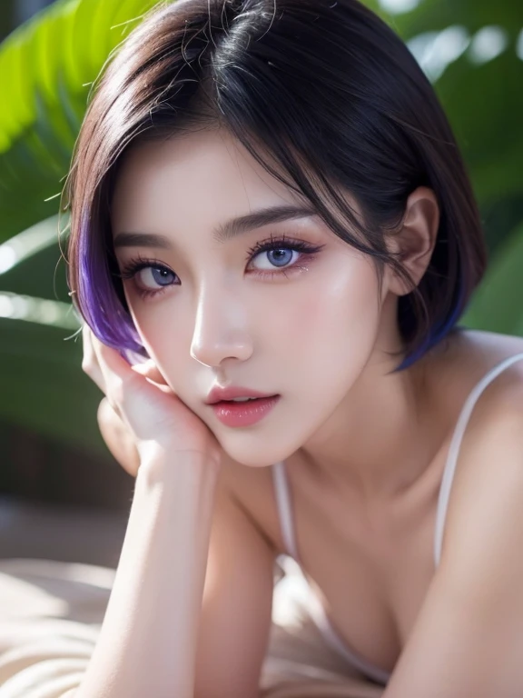 girl, high quality, Super detailedな, crazy details, 4k quality (Cinematic digital artwork: 1.3), high quality, 最high qualityの, Super detailed, shape, [4k digital art]、 indosugu nr, (sharp focus: 1.5), Depth of written boundary, Bokeh, 4k 、High resolution, Super detailedな, Highly detailed CG Unity 8K wallpaper, realistic, Photoreal, Raw photo, beautiful and detailed face, white skin, realistic glowing skin, detailed hair texture, perfect body, big breasts, beautiful face, acura, anatomically correct, highly detailed face, Eye and skin texture, natural neck length, (beautiful eyes), (beautiful hands), (Glossy skin:1.2)、thin legs, thin legs, knowledgeable person、detailed face、detailed background、 (live action、intricate details)、Tropical style、 Dramatic compensate、compensate、eye make up、eyeliner、eye shadow、Lilac Contact Lenses、(whole body)、blue hair、short hair
