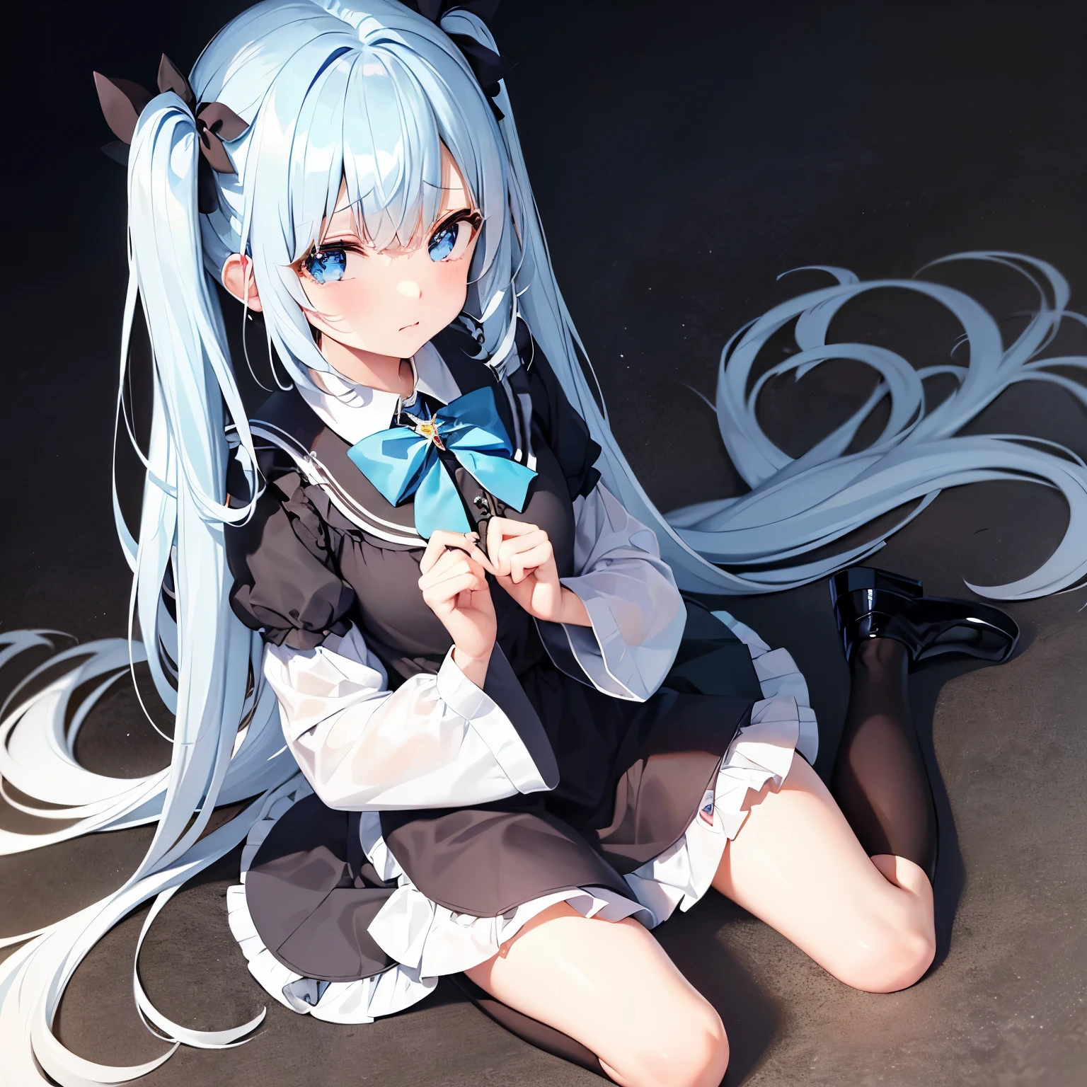 (highest quality),(whole body),(one cute girl),wearing black lolita dress,(light blue hair,blue eye,long hair,mini skirt,white thigh-high socks,platform footwear),tears,(tearful),Are crying,scared,mansion,twin tails,(wariza:1.3),(shoot from above:1.4)