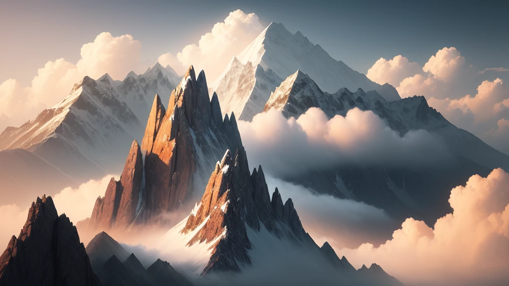 Digital illustration, detailed and intricate, of a high mountain, the sunlight filtering through the clouds creating a dappled effect. In the vector style, masterpiece, proportional, detailed, trending on artstation, beautiful lighting, realistic, intricate, award winning, 4k, highest quality