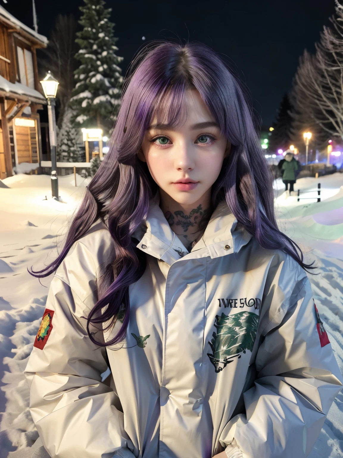 (8k), (highest quality), (best details)purple hair、green eyes、white down jacket、tattoo、curly hair、Beautiful French woman、night、outdoor、heavy snow is falling、wilderness