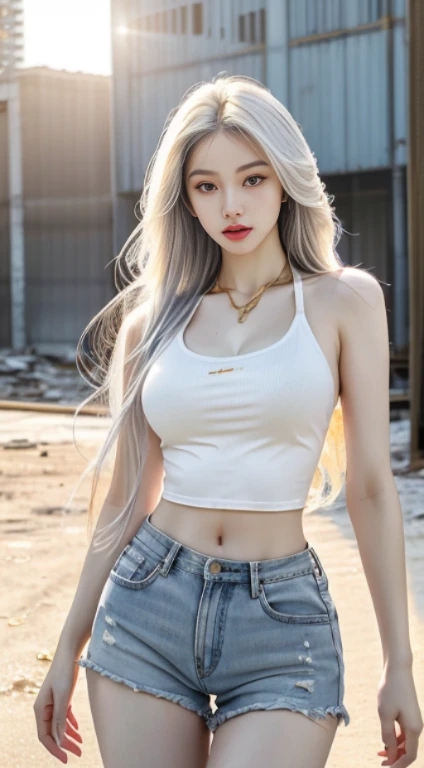 photorealistic, high resolution, 1 girl, white wavy hair, korean, heterochromia eyes, small mole below eye, loose white shirt, tight jean shorts, large breast, large thighs, panty visible