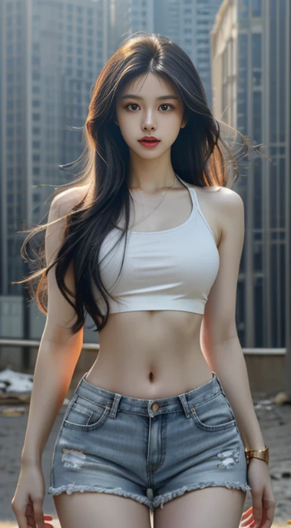 Virtual image,Realistic 8K visuals,hips up,Masterpiece,Complete Anatomy,Complete dynamic composition,morning sun,Light hits the front,young woman with long white hair,cybernetic robot,Bikini body - white_orange_gold_metal, Jean Shorts,white tank top,Abandoned city backdrop